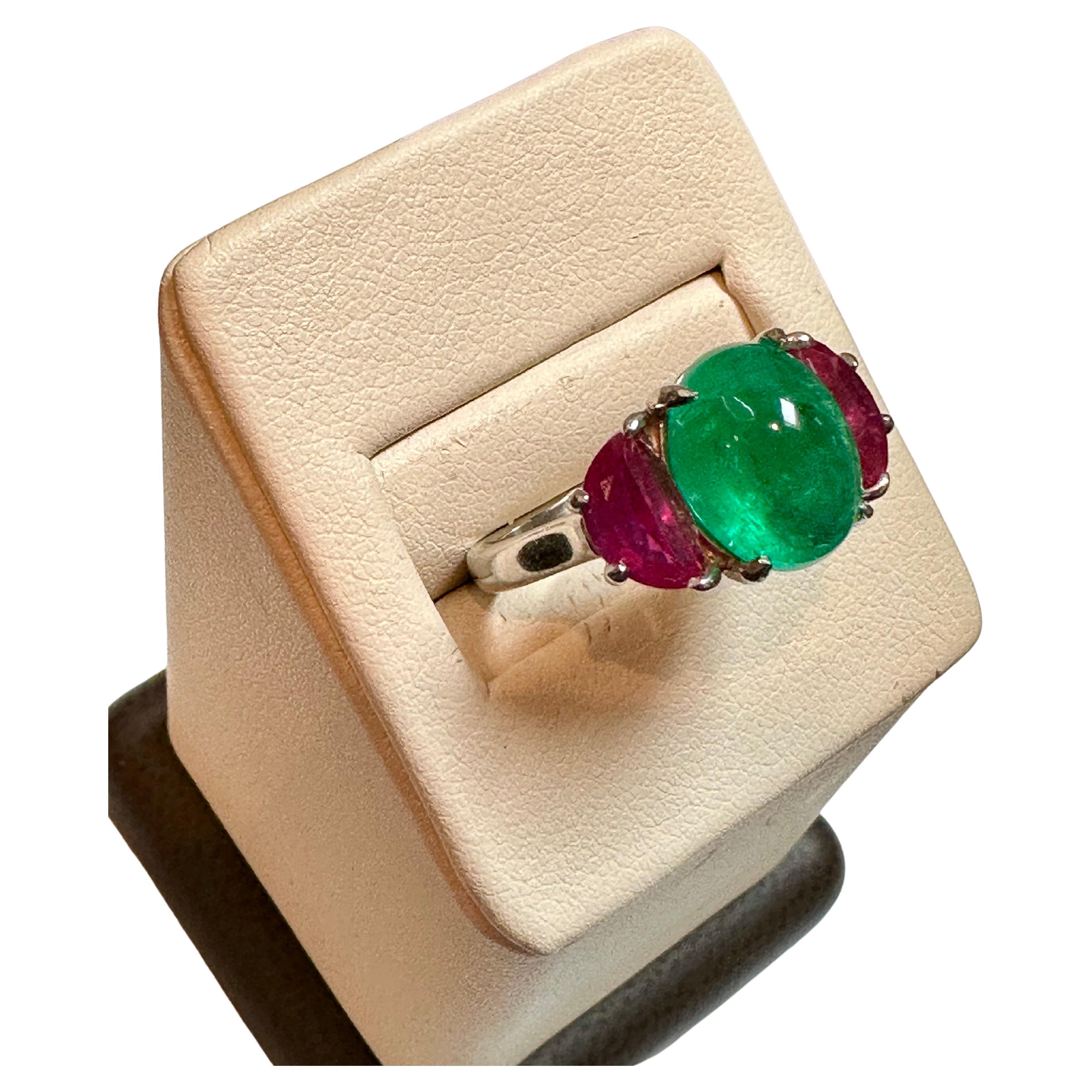 Natural 3.5 Carat Emerald Cabochon & Ruby Ring in Platinum, Estate