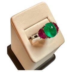 Natural 3.5 Carat Emerald Cabochon 
Ruby Ring in Platinum, Estate