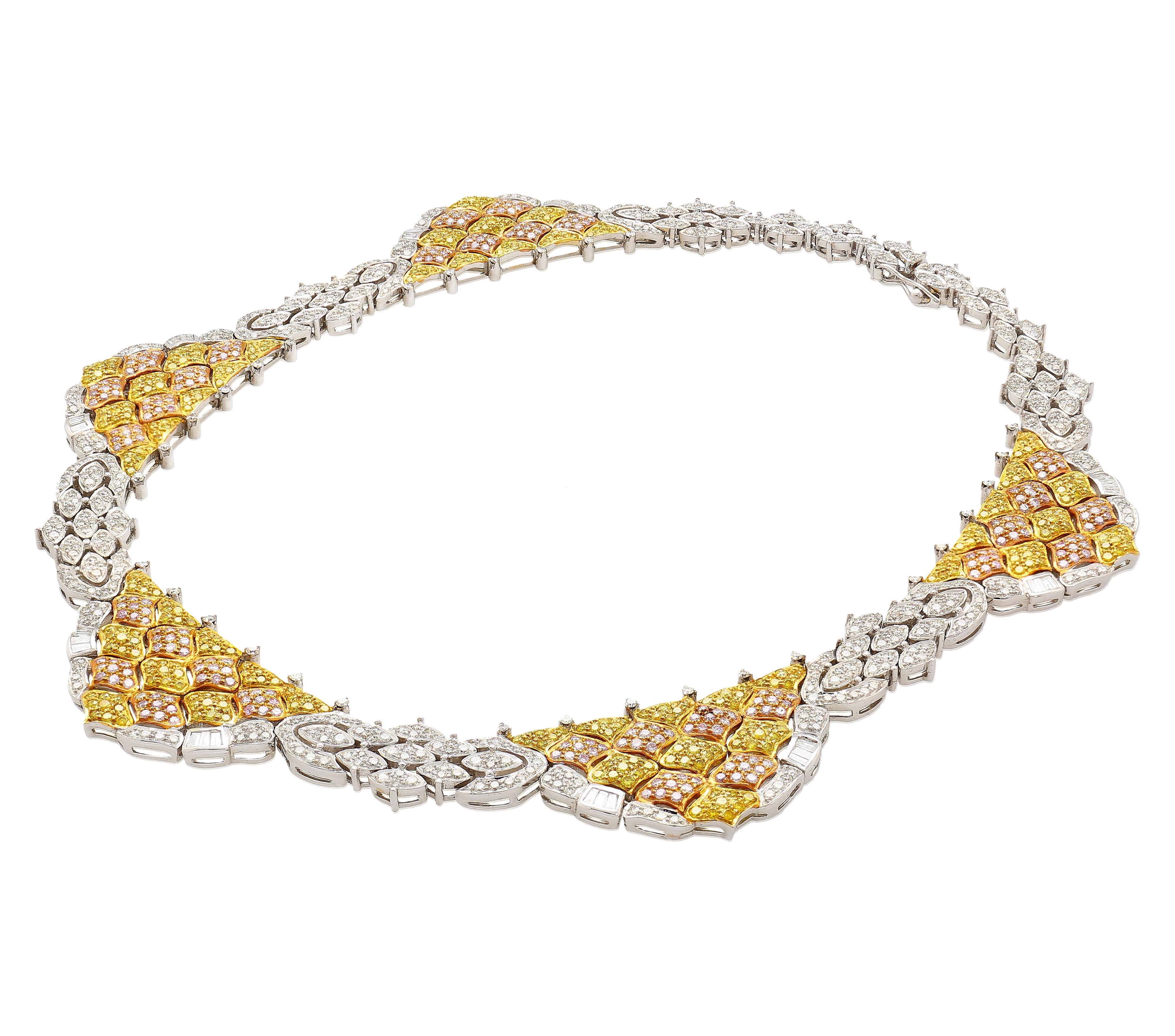 Round Cut Natural 35 Carat Pink, White, & Yellow Diamond 18K Three Tone Necklace Choker For Sale