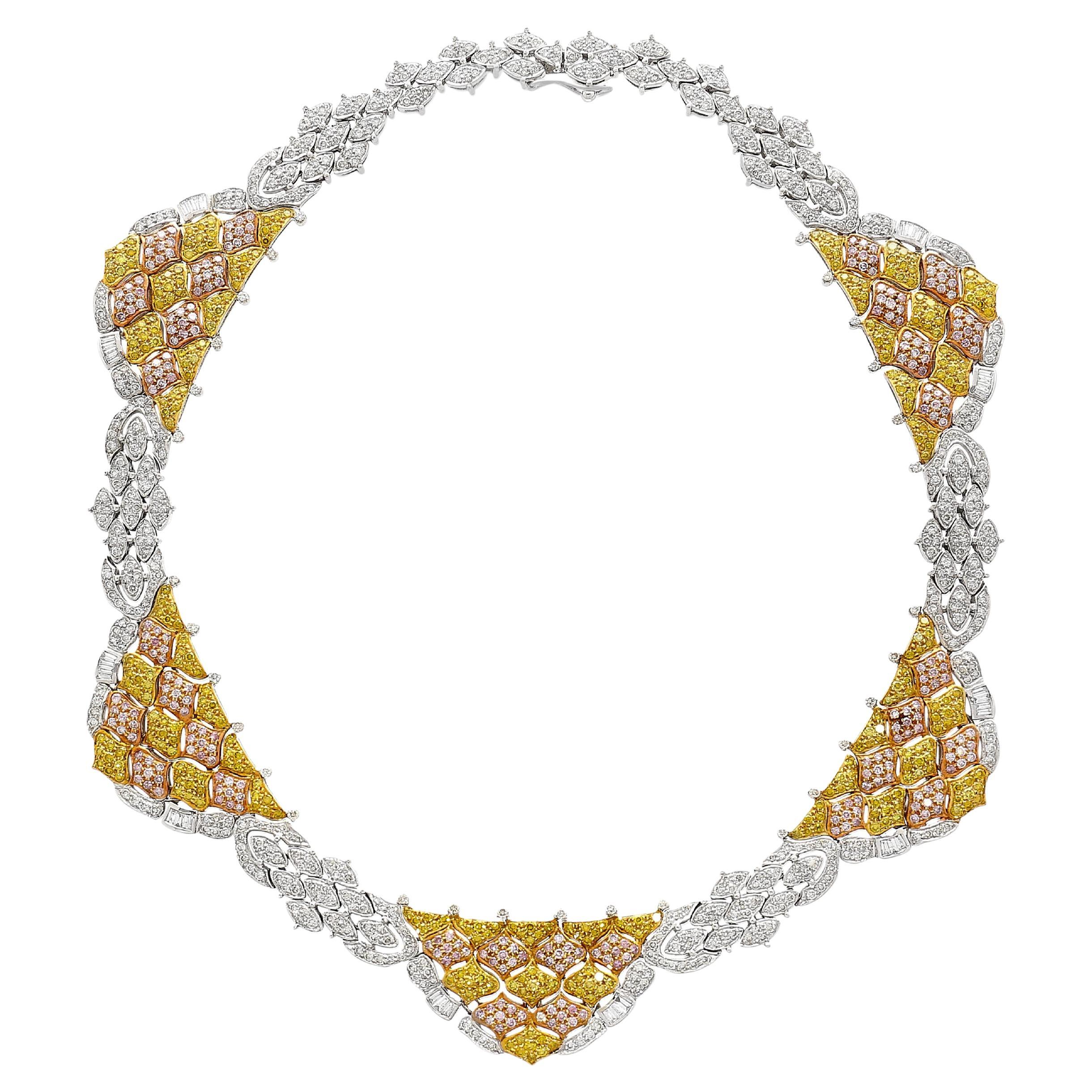 Natural 35 Carat Pink, White, & Yellow Diamond 18K Three Tone Necklace Choker For Sale