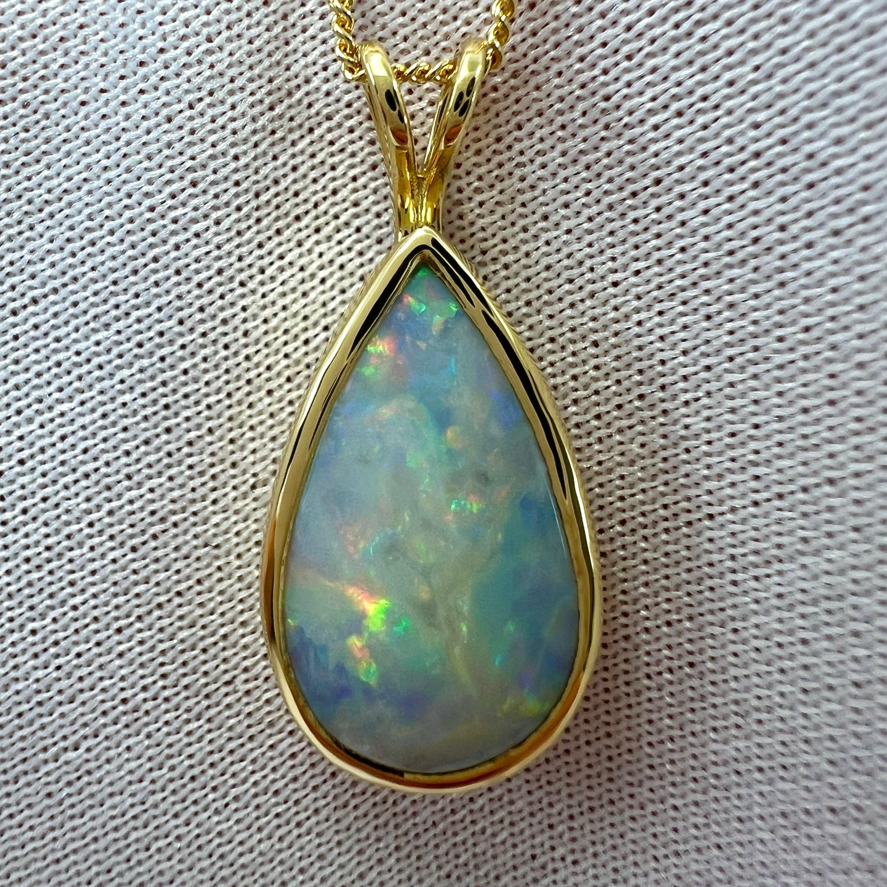 Natural 3.55ct Australian Opal Pear Cabochon 18k Yellow Gold Pendant Necklace For Sale 6