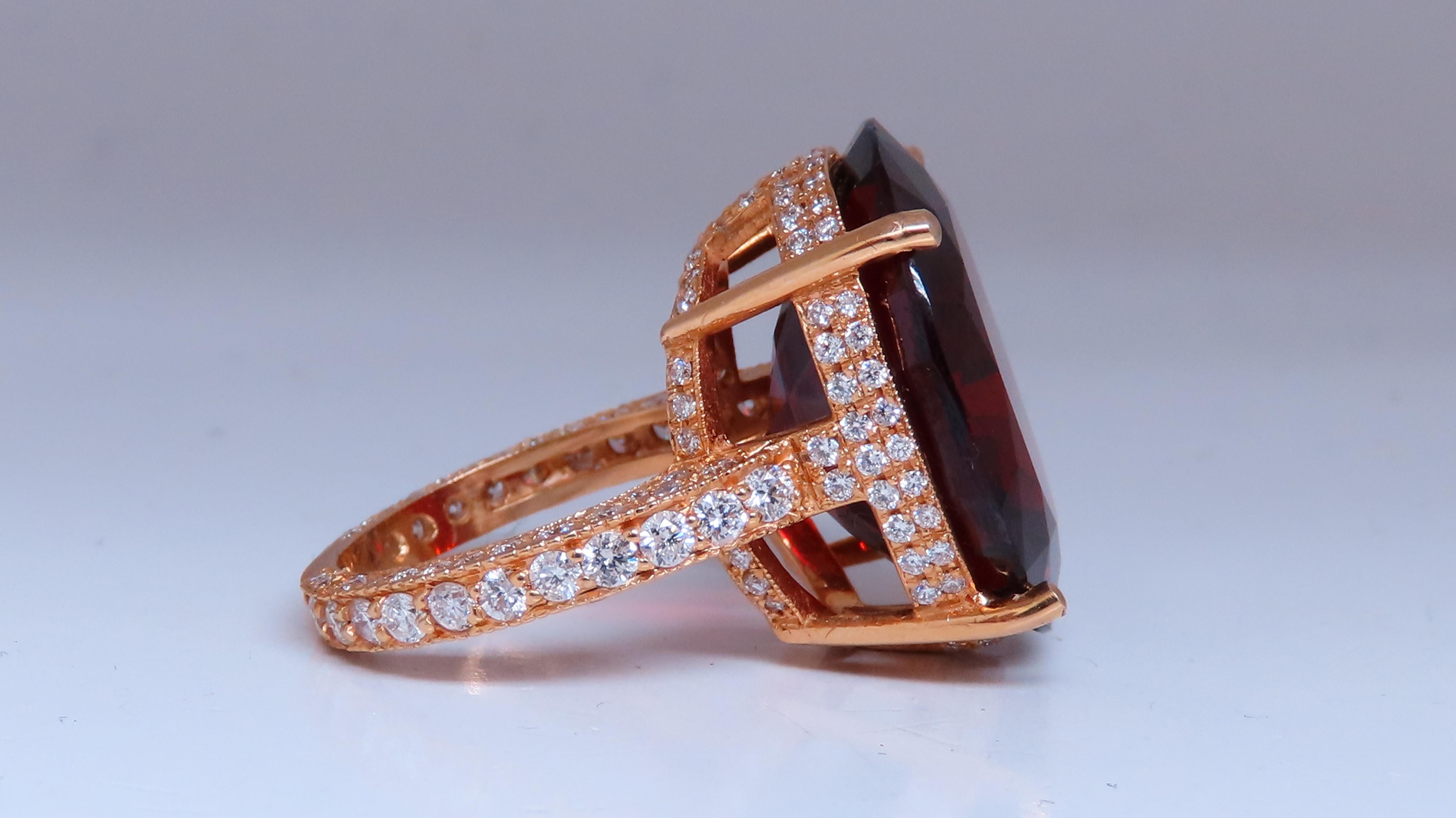 Oval Cut Natural 35.75 Carat Vivid Red Spessartite Diamond Ring Encrusted For Sale
