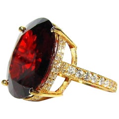 Natural 35.75 Carat Vivid Red Spessartite Diamond Ring Encrusted