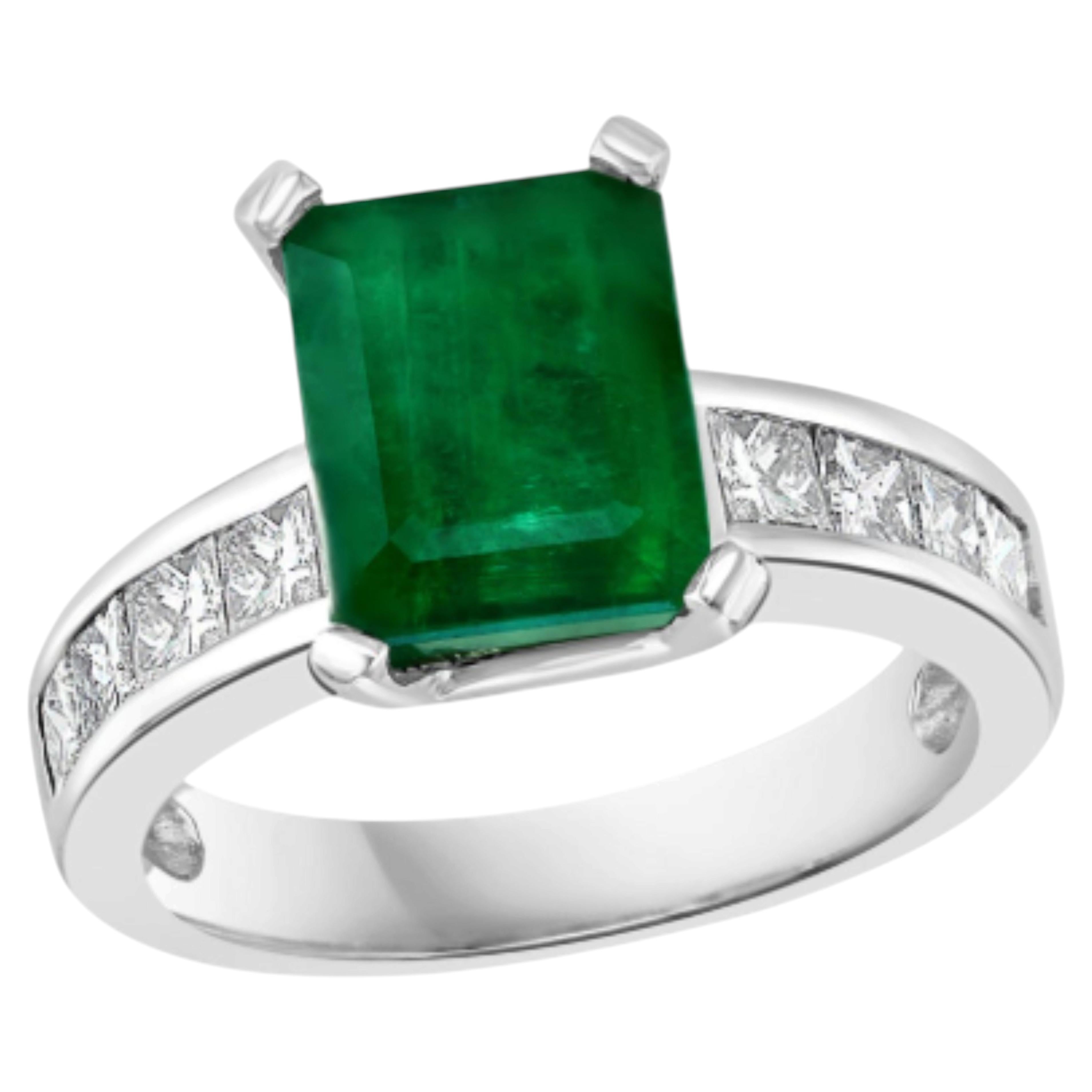 Emerald Cut Emerald Ring, 3.5ct with 0.5ct Diamonds, 14K White Gold For Sale