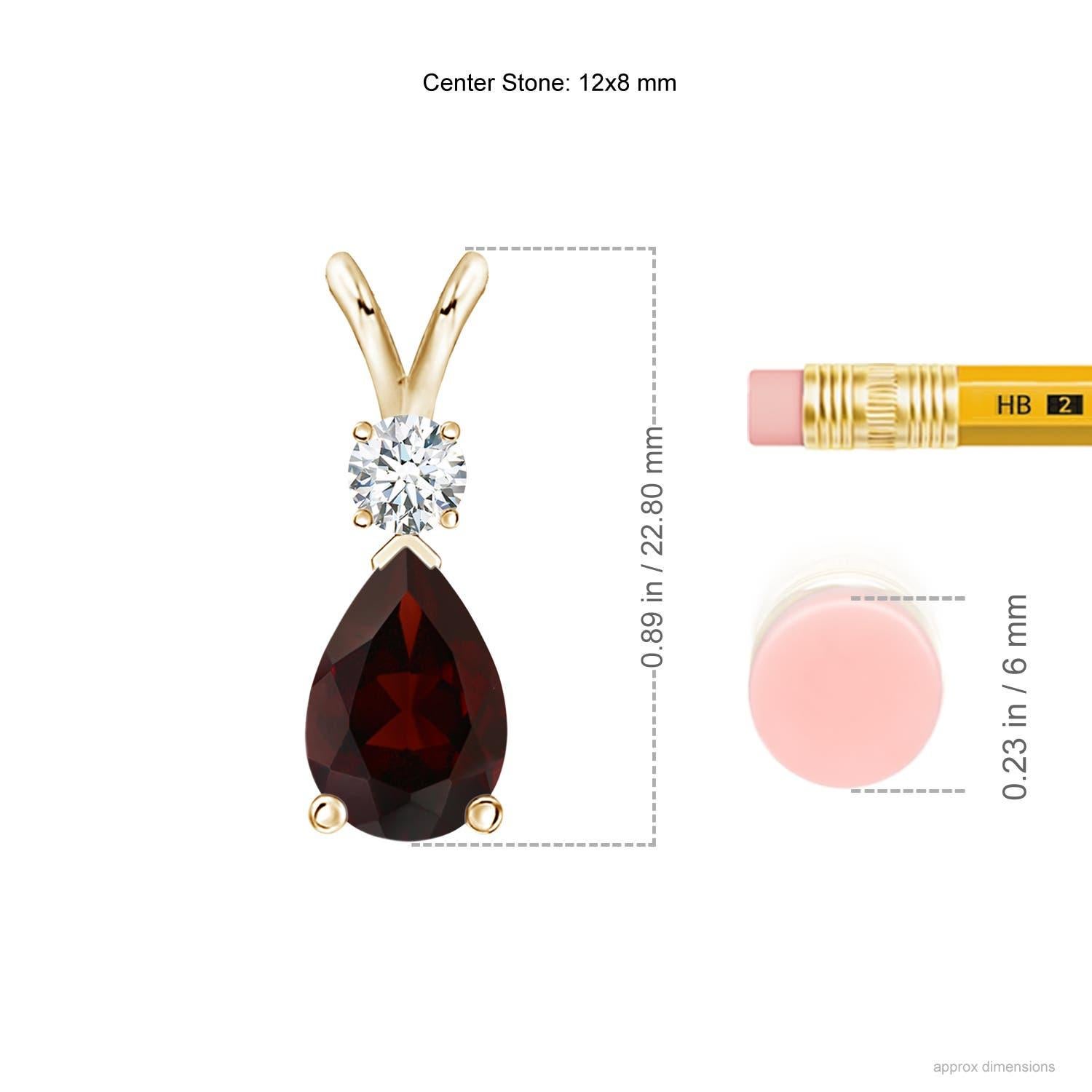 A pear-shaped intense red garnet is secured in a prong setting and embellished with a diamond accent on the top. Simple yet stunning, this teardrop garnet pendant with V bale is sculpted in 14k yellow gold.