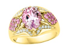 Anillo de morganita de oro rosa de 18 quilates de diseño exclusivo con halo de diamantes de 0,50 ct