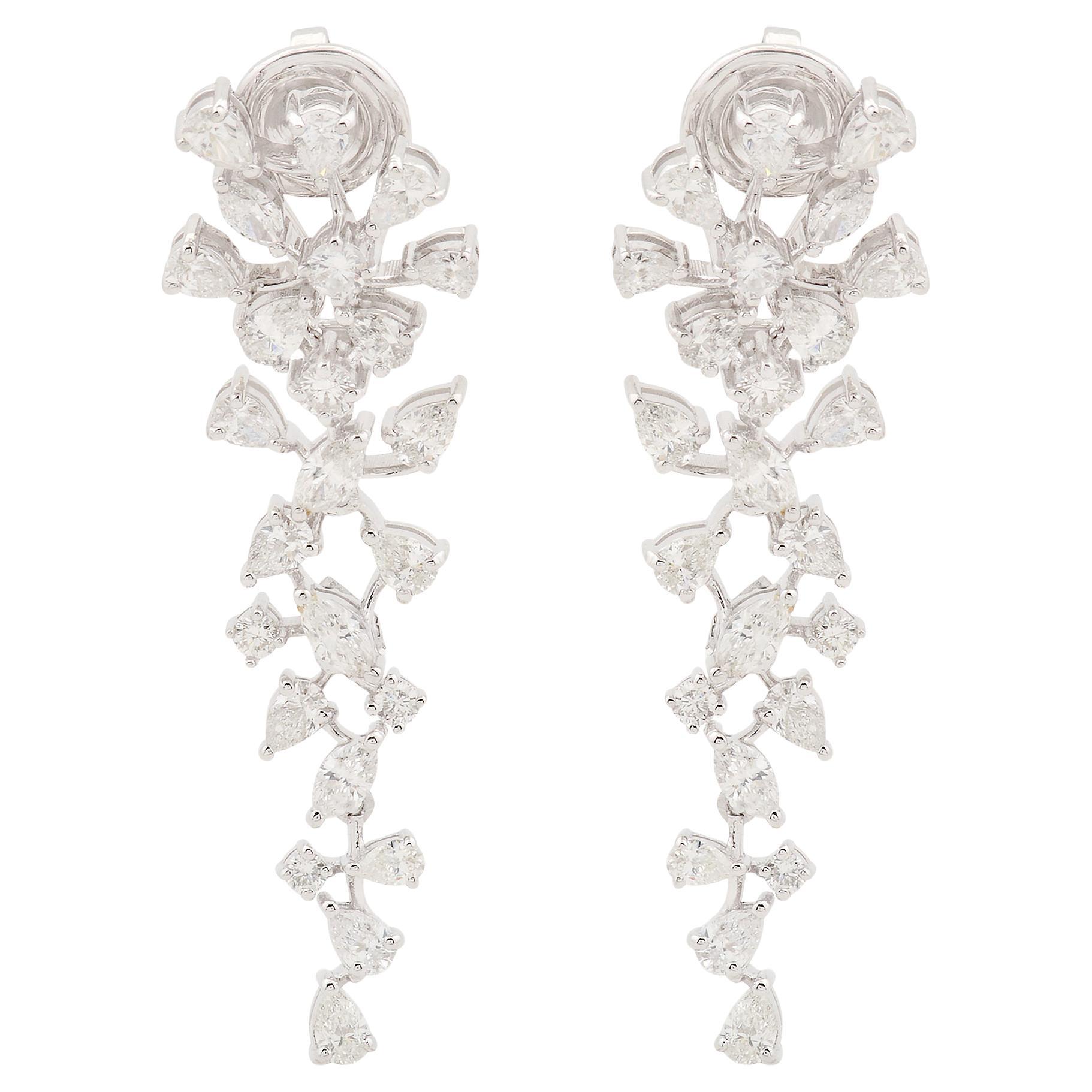 Natural 3.6 Carat Diamond Floral Dangle Drop Earrings 14 Karat White Gold