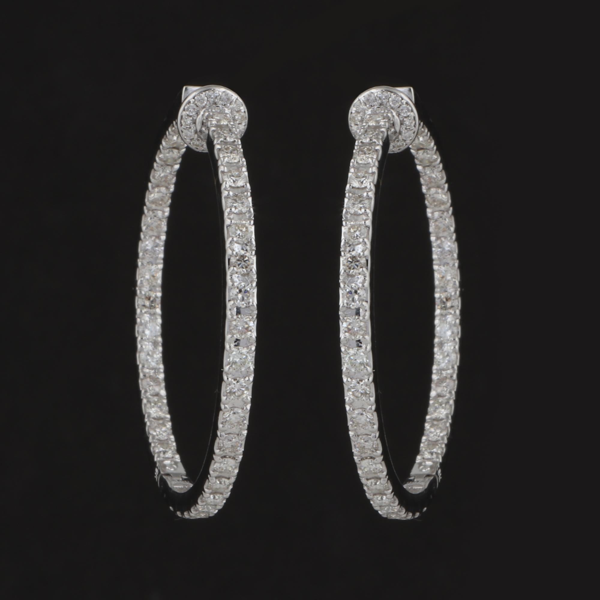 Modern Natural 3.60 Carat Round Diamond Hoop Earrings 18 Karat White Gold Fine Jewelry For Sale