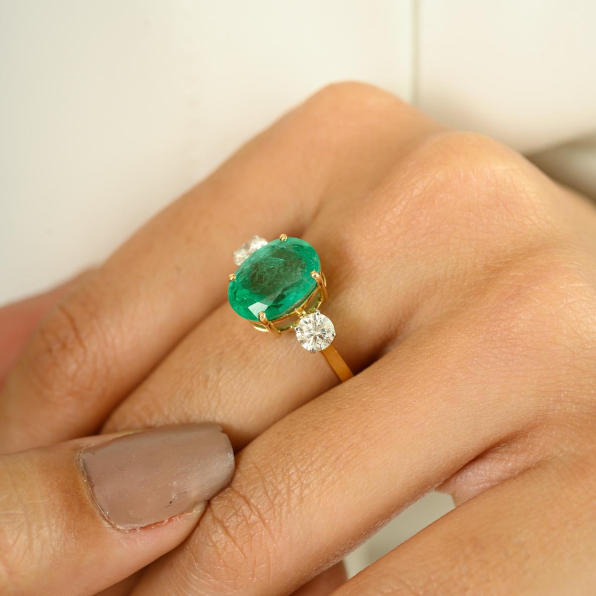 For Sale:  Natural 3.63CT Oval Emerald & Diamond Three Stone Ring in 14k Solid Yellow Gold 4