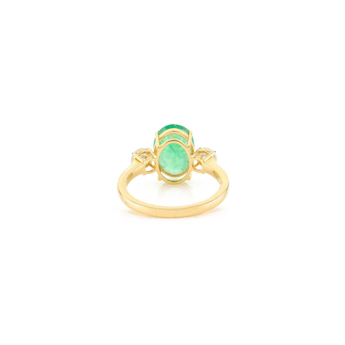 For Sale:  Natural 3.63CT Oval Emerald & Diamond Three Stone Ring in 14k Solid Yellow Gold 5