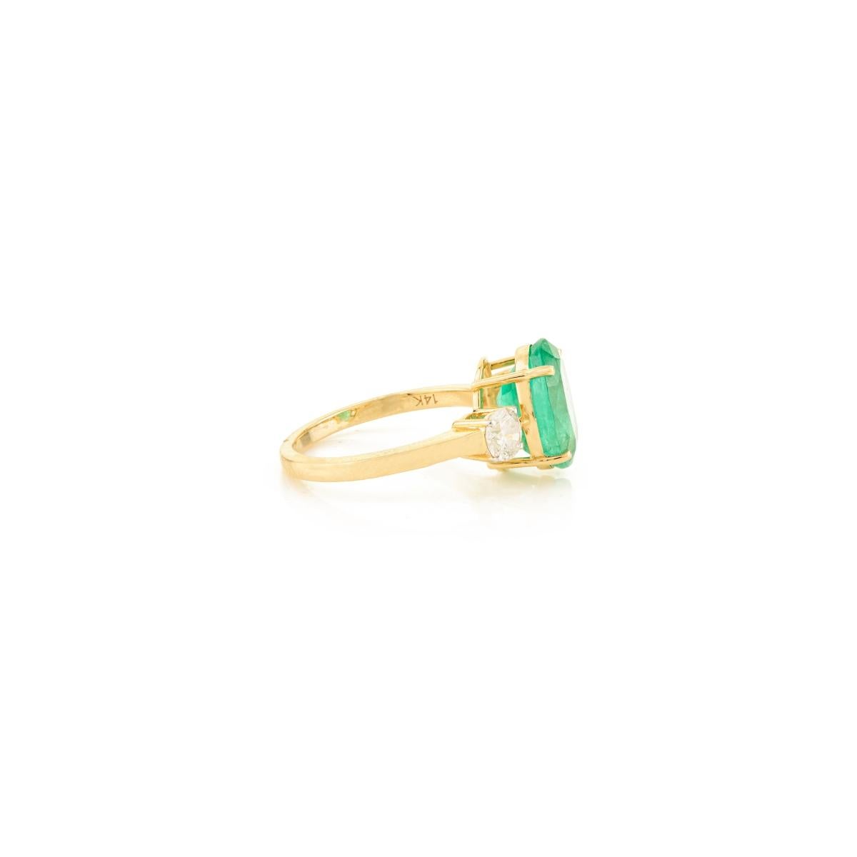 For Sale:  Natural 3.63CT Oval Emerald & Diamond Three Stone Ring in 14k Solid Yellow Gold 6