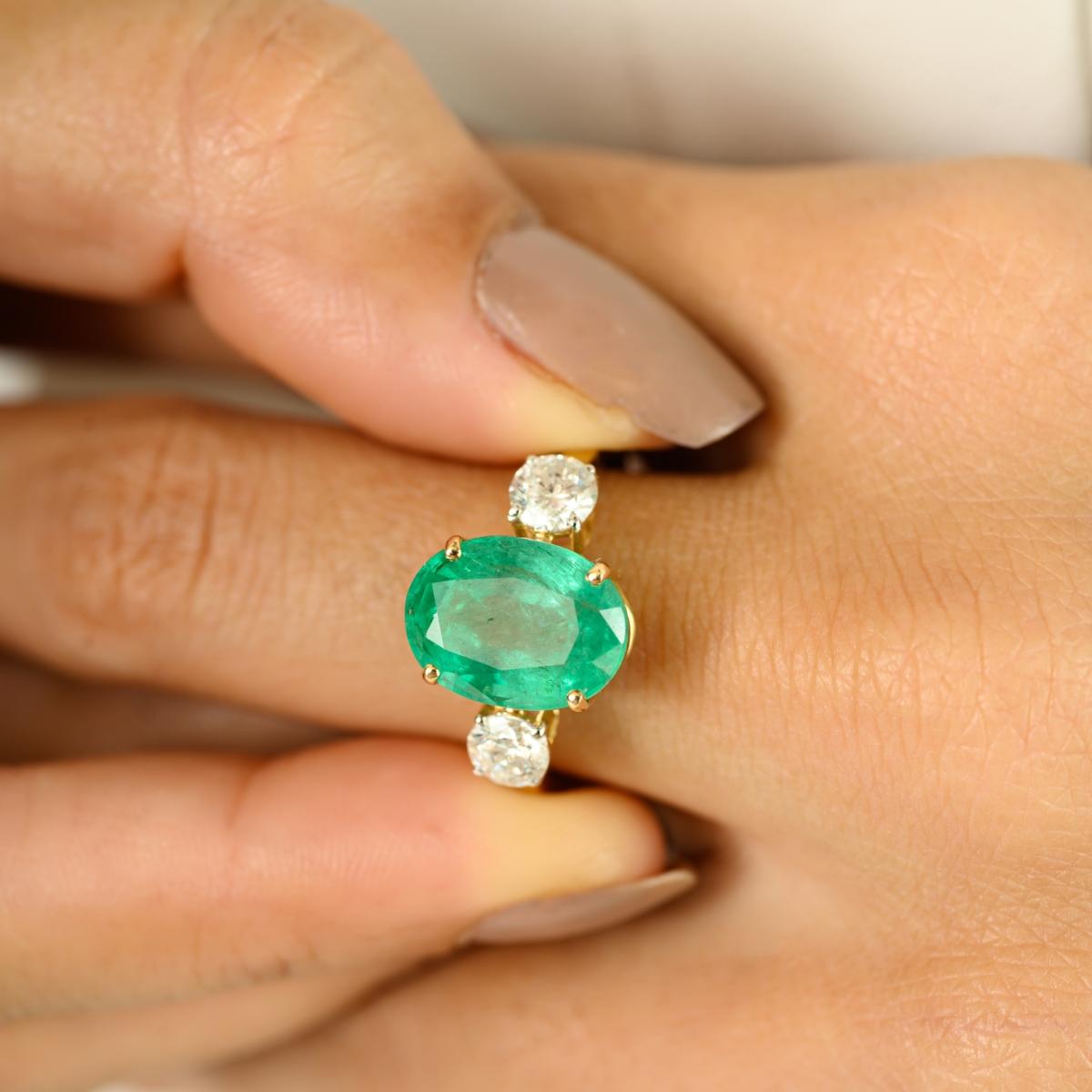 For Sale:  Natural 3.63CT Oval Emerald & Diamond Three Stone Ring in 14k Solid Yellow Gold 7