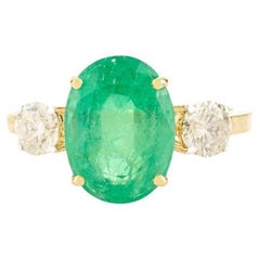 Bague à trois pierres en or jaune massif 14 carats, émeraude ovale et diamant naturel de 3,63 carats