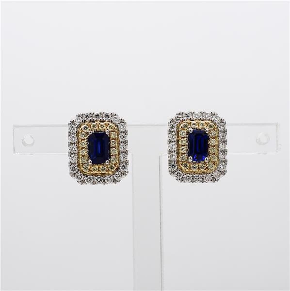 RareGemWorld's classic sapphire earrings. Mounted in a beautiful 18K Yellow and White Gold setting with natural emerald cut blue sapphires. The sapphires are surrounded by natural round yellow diamond melee and natural round white diamond melee.