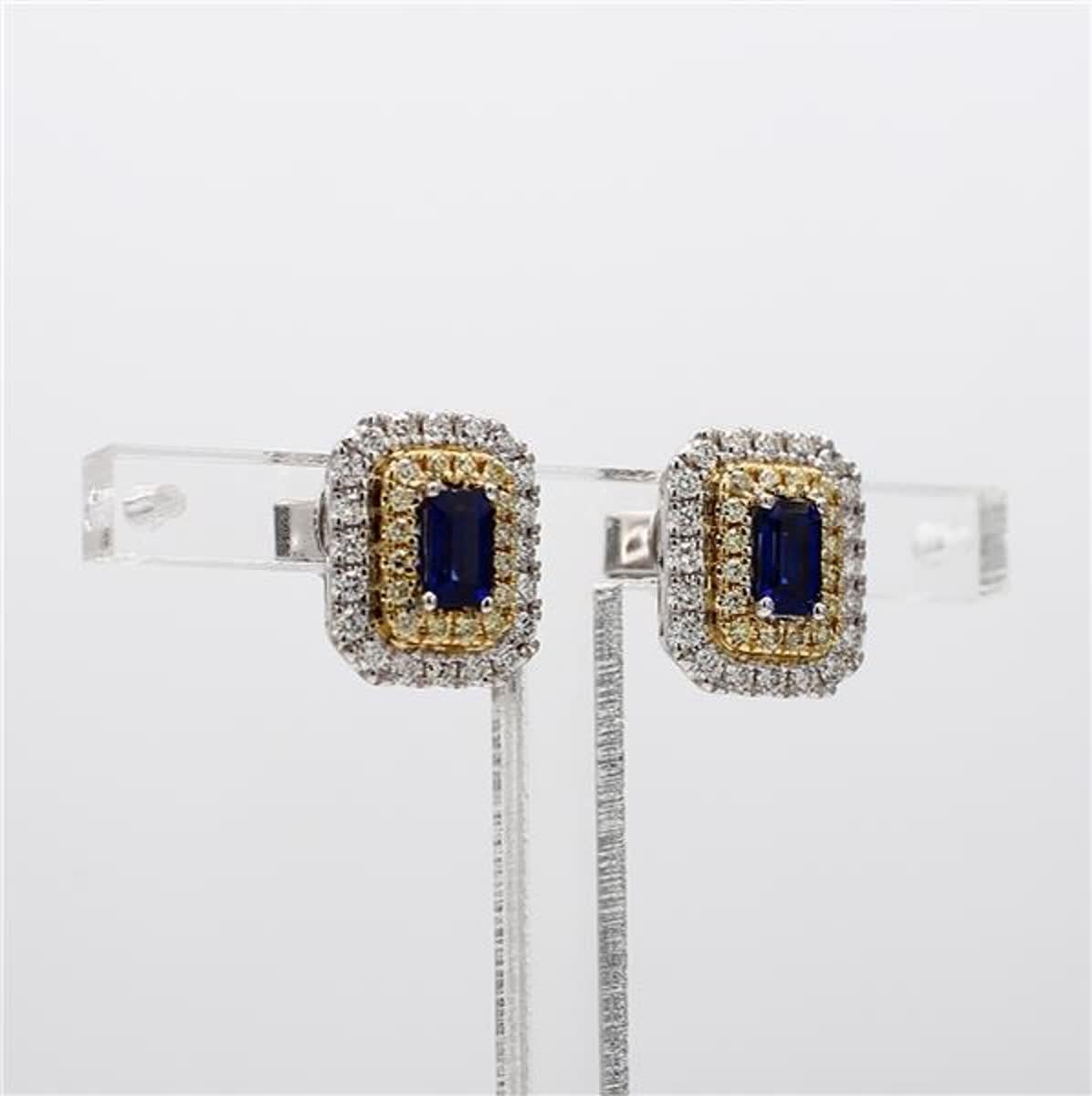 Natural Blue Emerald Cut Sapphire and White Diamond 1.34 Carat TW Gold Earrings For Sale 1