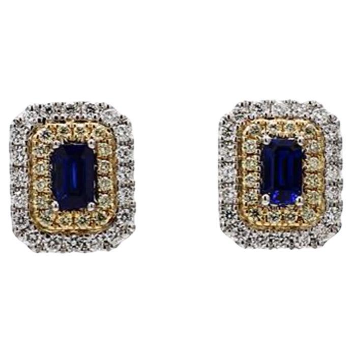 Natural Blue Emerald Cut Sapphire and White Diamond 1.34 Carat TW Gold Earrings For Sale