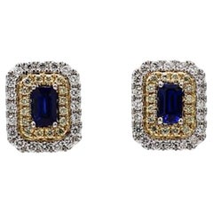 Natural Blue Emerald Cut Sapphire and White Diamond 1.34 Carat TW Gold Earrings