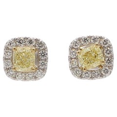Natural Yellow Cushion and White Diamond 1.05 Carat TW Gold Stud Earrings
