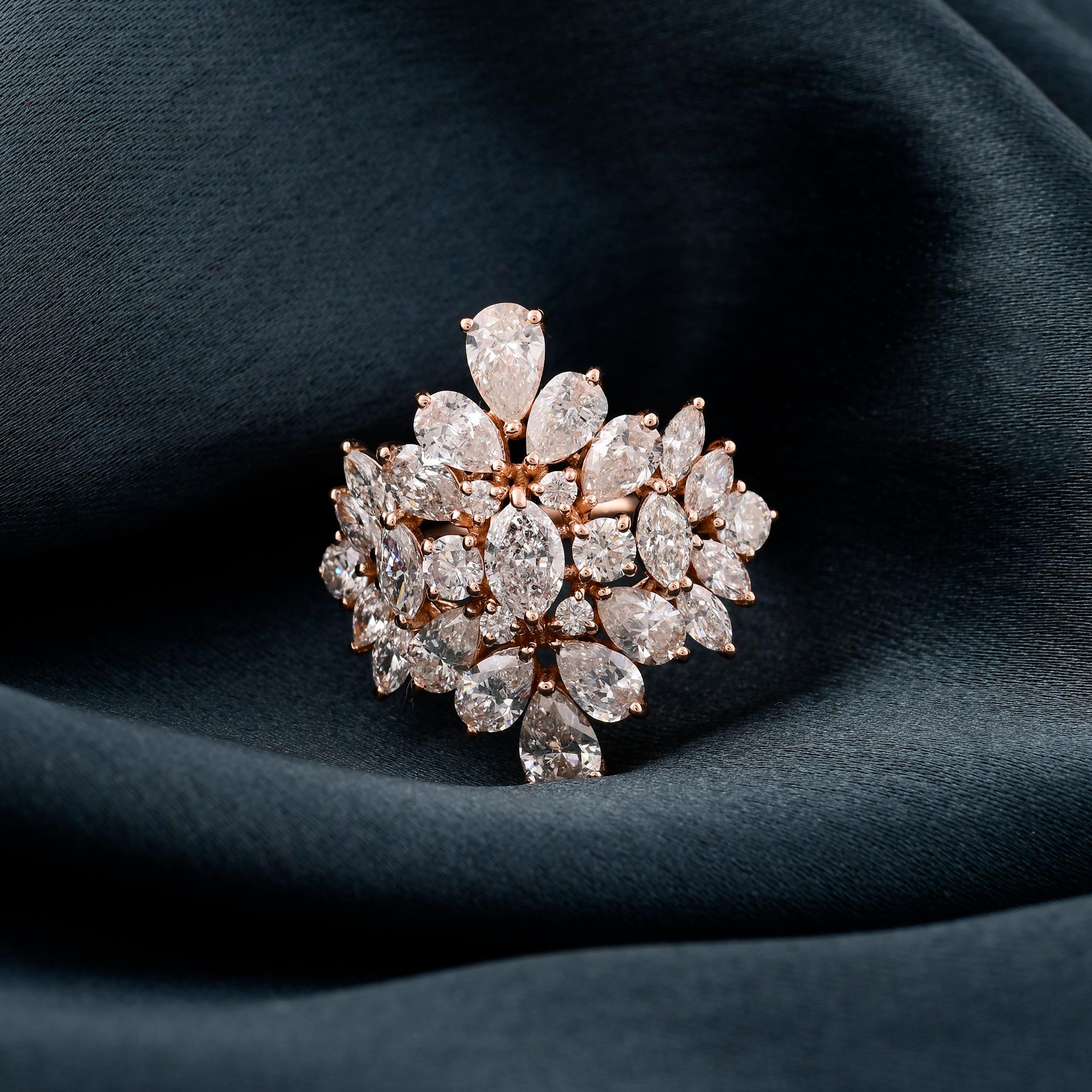 Taille ronde Bague cocktail en or rose 14 carats et diamants naturels de 3,70 carats, fabrication artisanale en vente