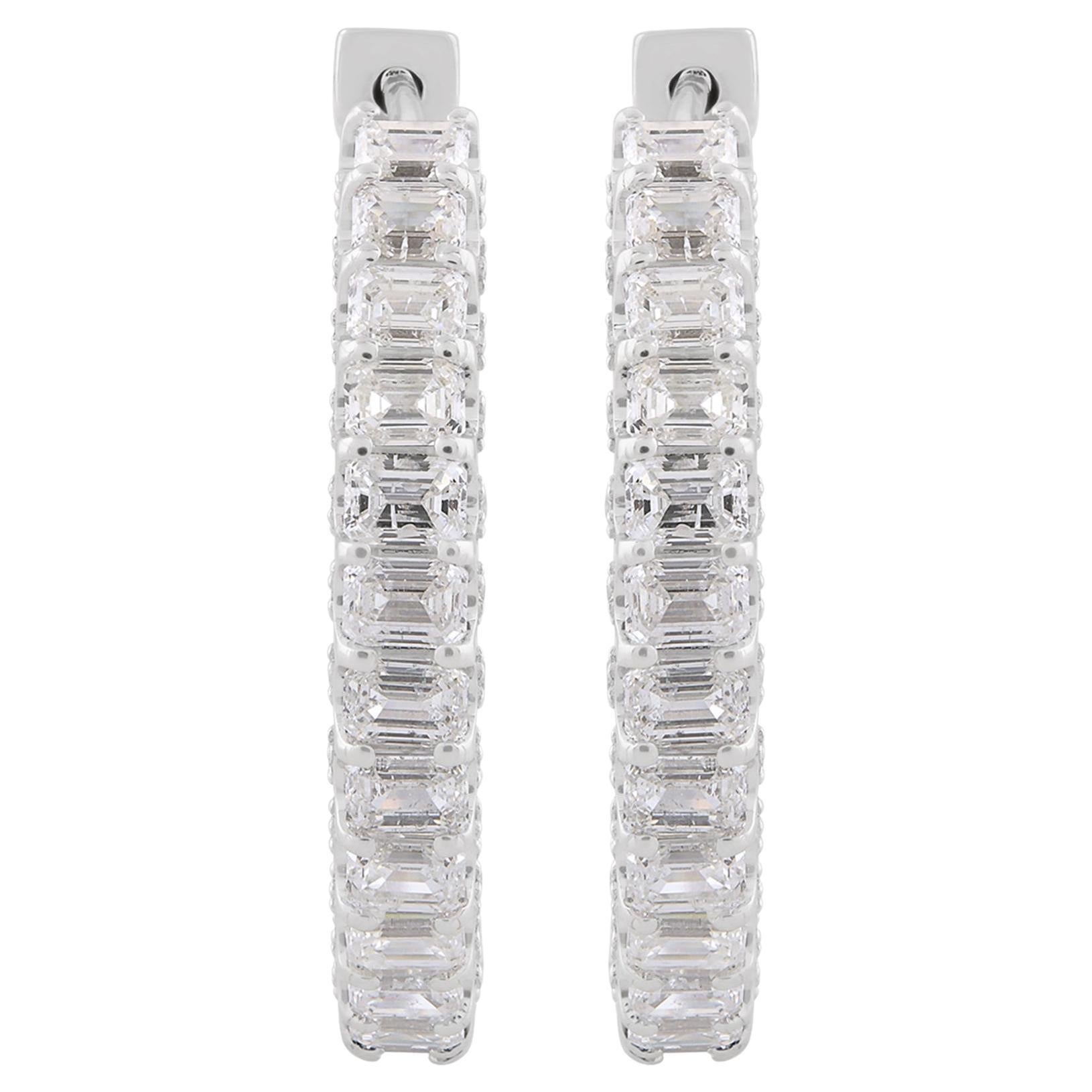 Natural 3.70 Carat Emerald Cut Diamond Hoop Earrings 18 Karat White Gold Jewelry