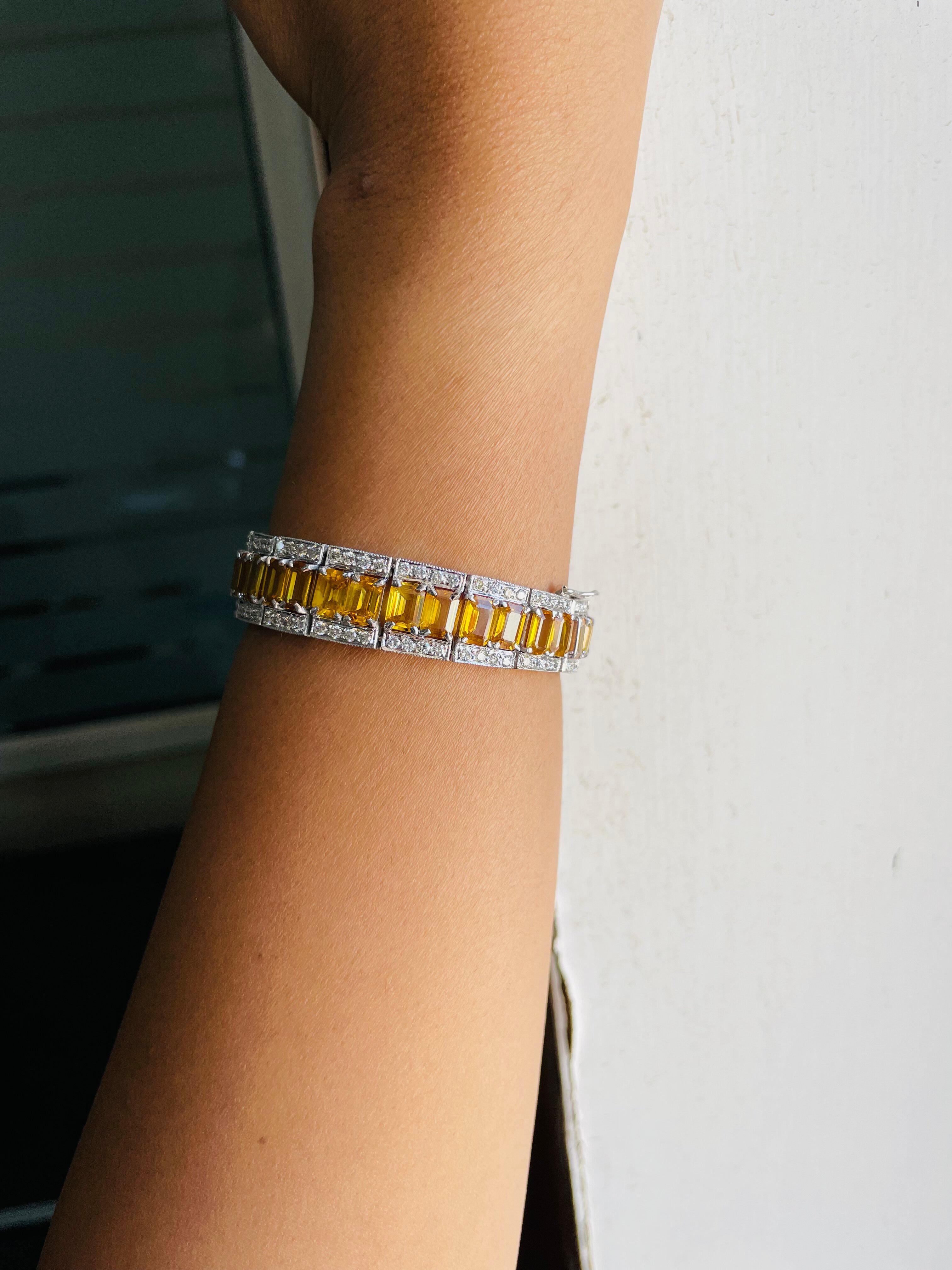 Artist Natural 37.87 Ct Yellow Sapphire 5.34 Ct Diamond Bracelet 18kt Solid White Gold For Sale