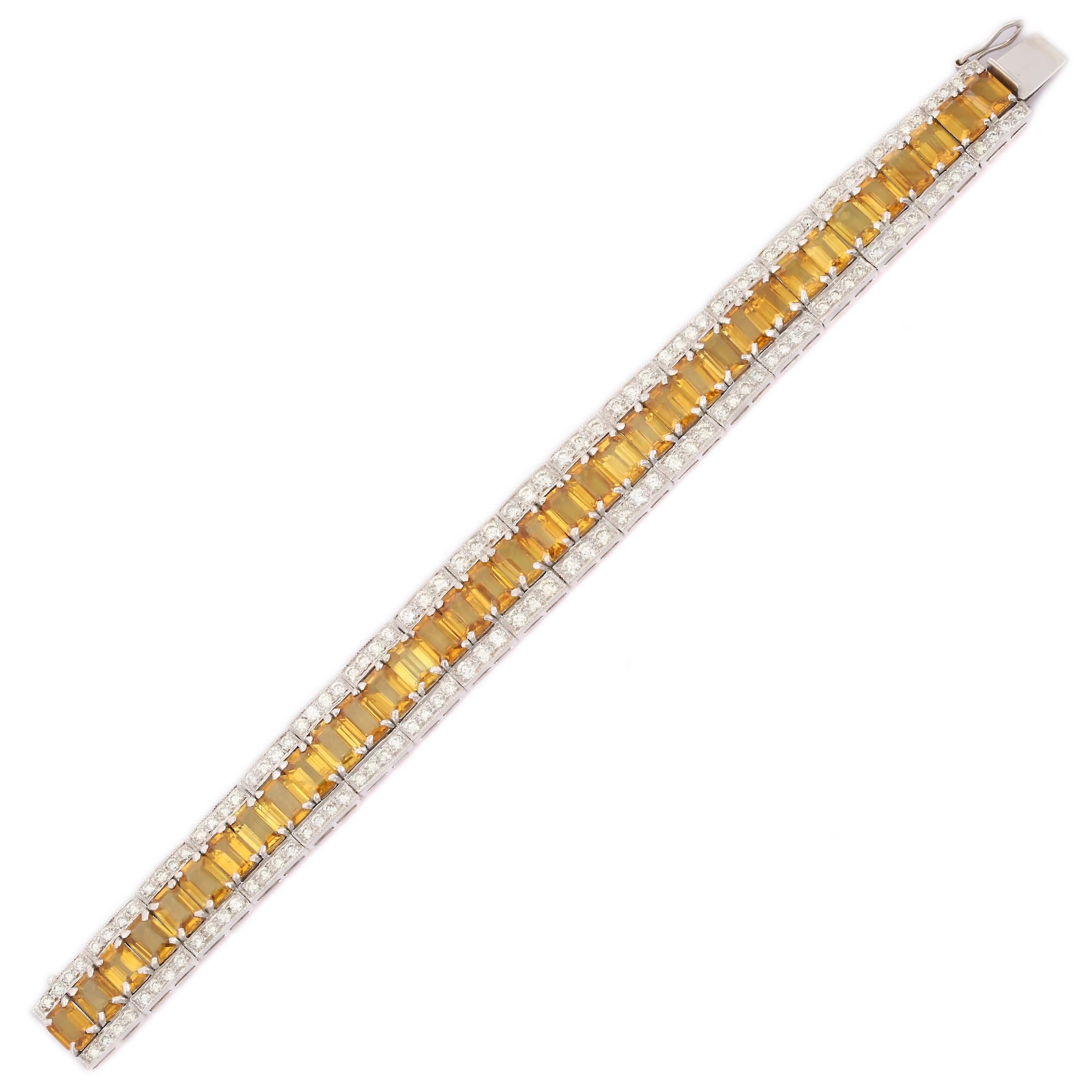 Octagon Cut Natural 37.87 Ct Yellow Sapphire 5.34 Ct Diamond Bracelet 18kt Solid White Gold For Sale