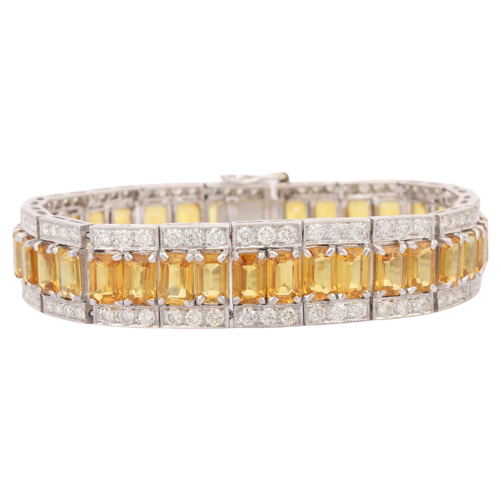 Natural 37.87 Ct Yellow Sapphire 5.34 Ct Diamond Bracelet 18kt Solid White Gold