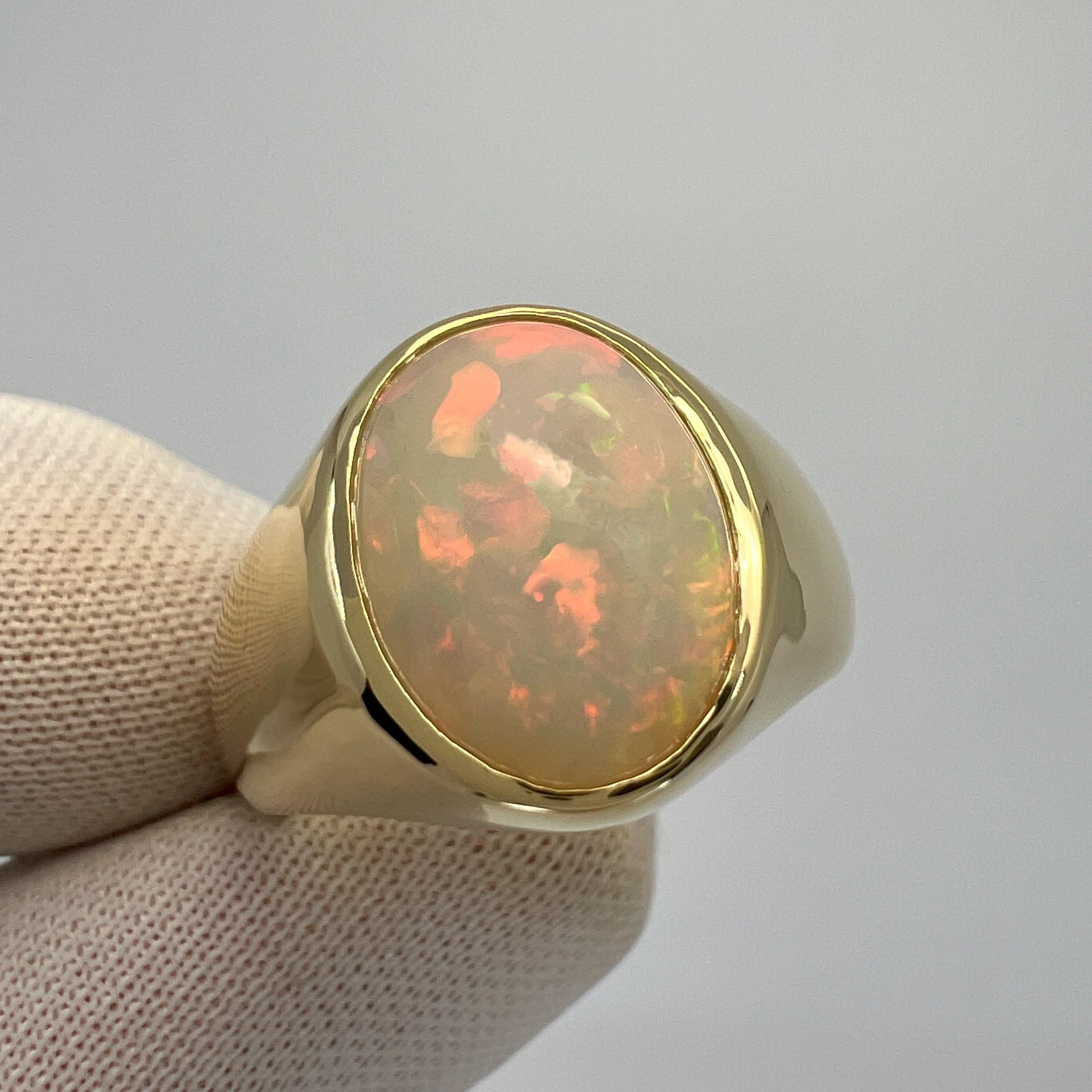 Oval Cut Natural 3.80ct White Opal Oval Cabochon 9k Yellow Gold Bezel Rubover Signet Ring For Sale