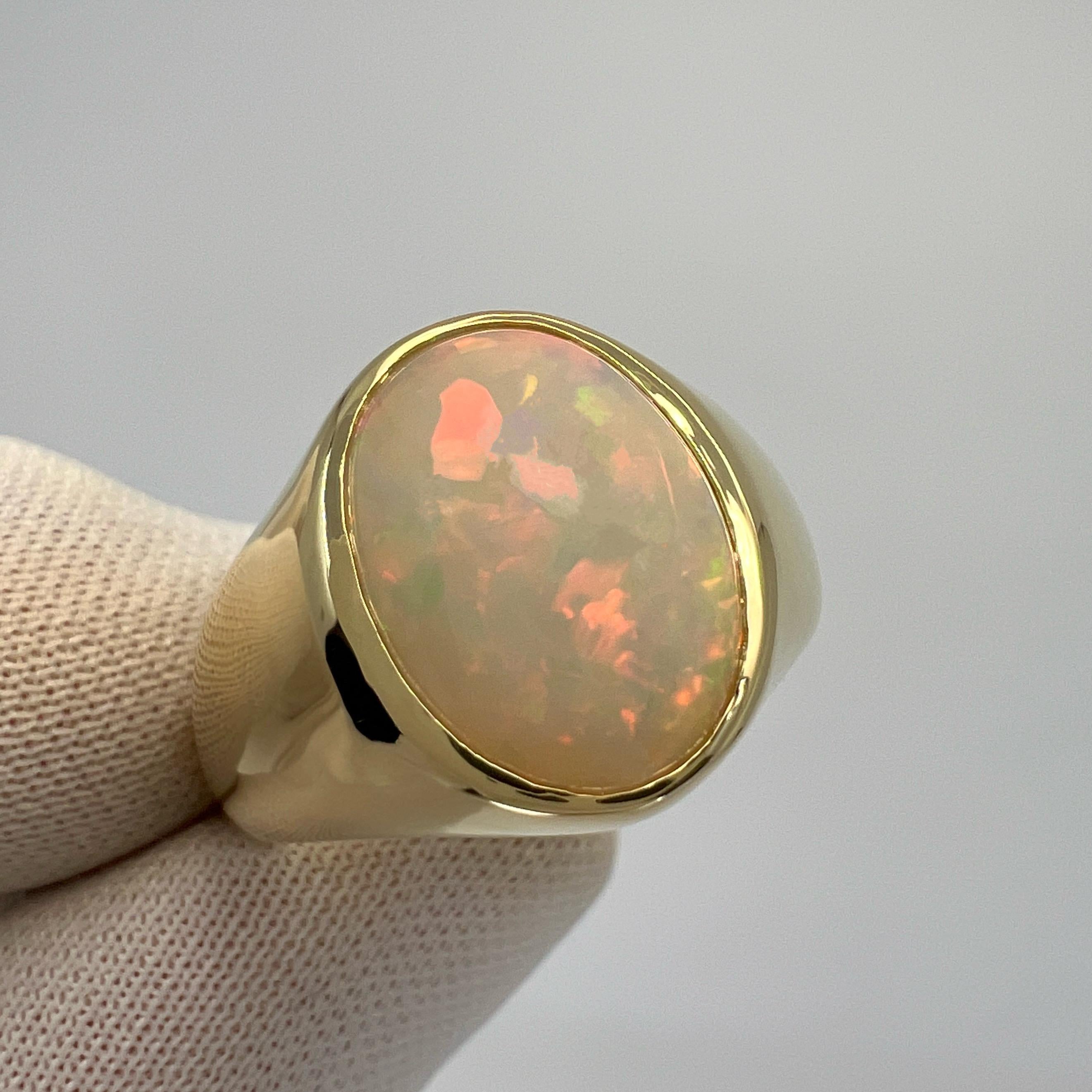 Women's or Men's Natural 3.80ct White Opal Oval Cabochon 9k Yellow Gold Bezel Rubover Signet Ring For Sale