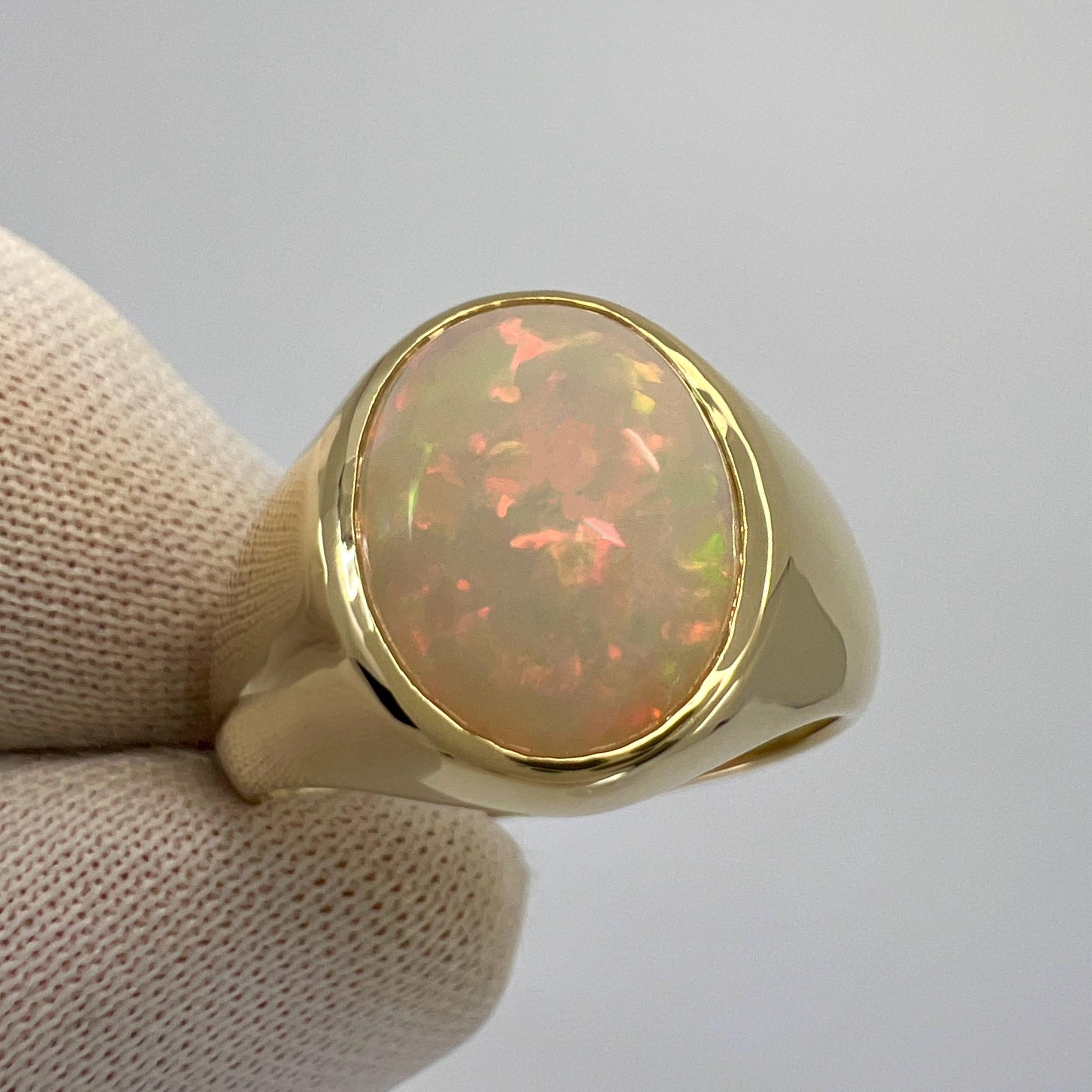 Natural 3.80ct White Opal Oval Cabochon 9k Yellow Gold Bezel Rubover Signet Ring For Sale 2