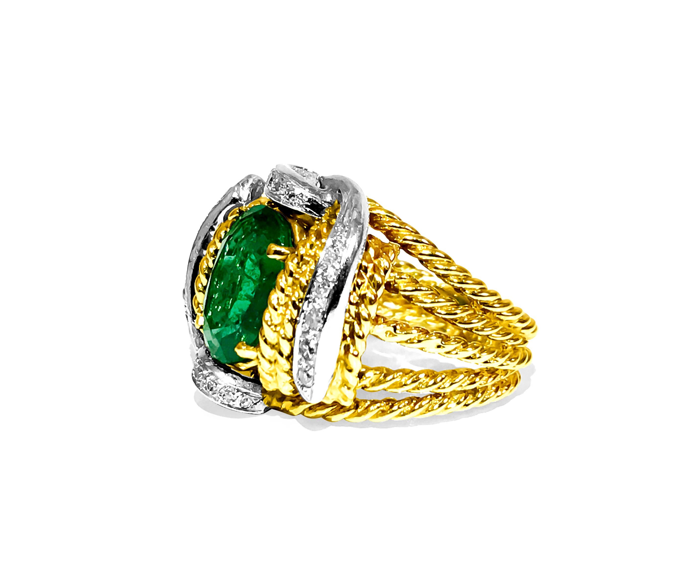 Contemporary Natural 3.86 Carat Emerald Diamond Ring 18K Gold For Sale