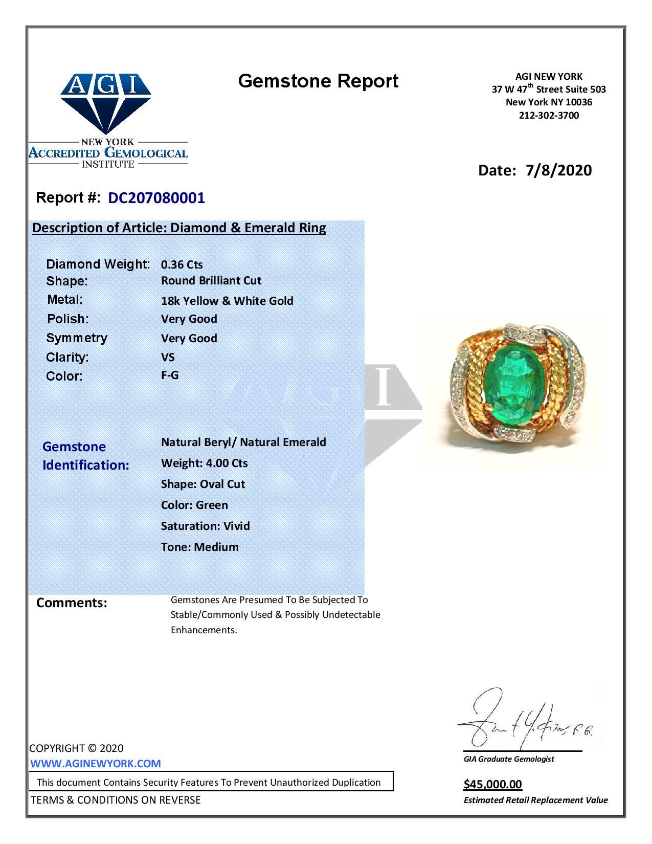 Natural 3.86 Carat Emerald Diamond Ring 18K Gold For Sale 1