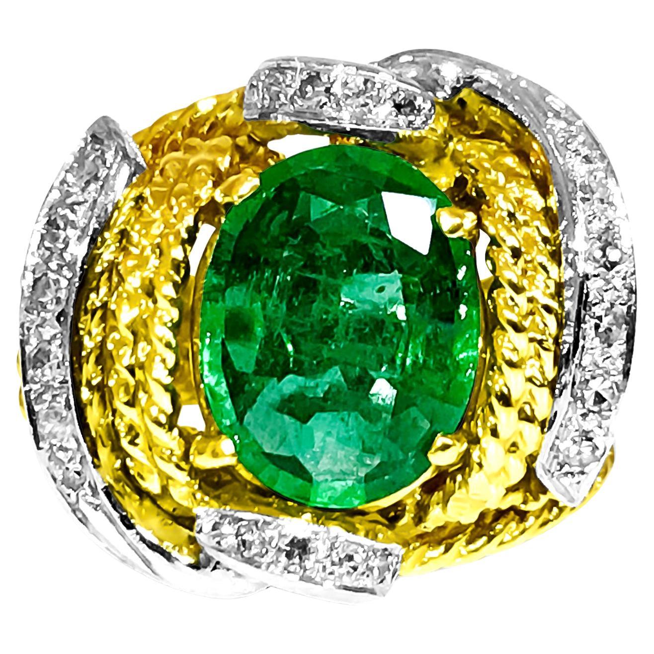 Natural 3.86 Carat Emerald Diamond Ring 18K Gold