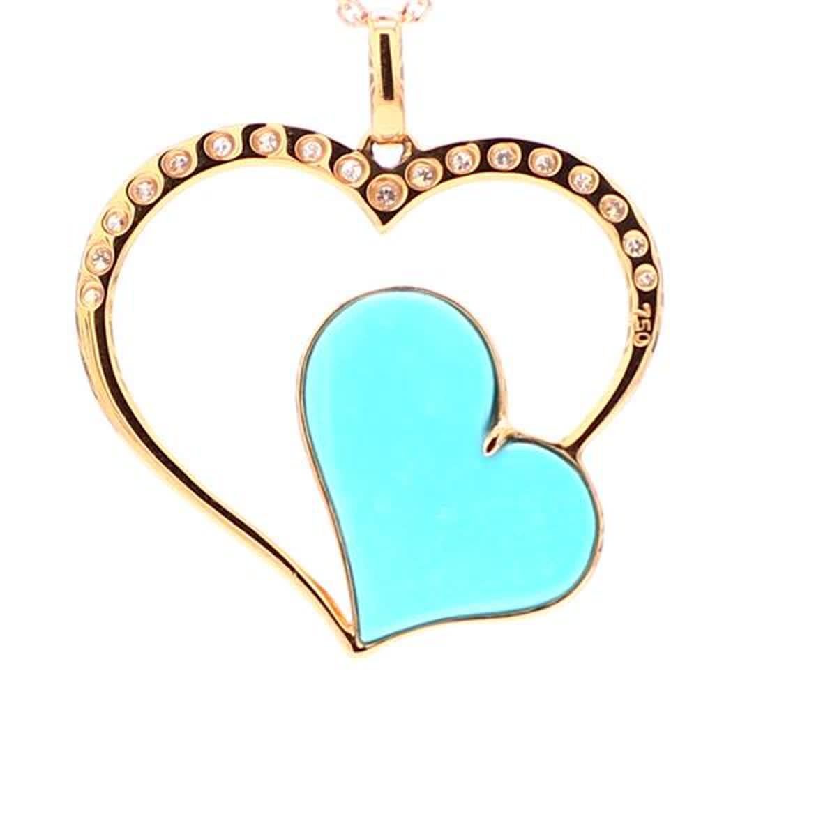 RareGemWorld's classic turquoise pendant. Mounted in a beautiful 18K Rose Gold setting with a heart shape natural turquoise. The turquoise is complimented by natural round white diamond melee in a beautiful heart-shape. This pendant is guaranteed to