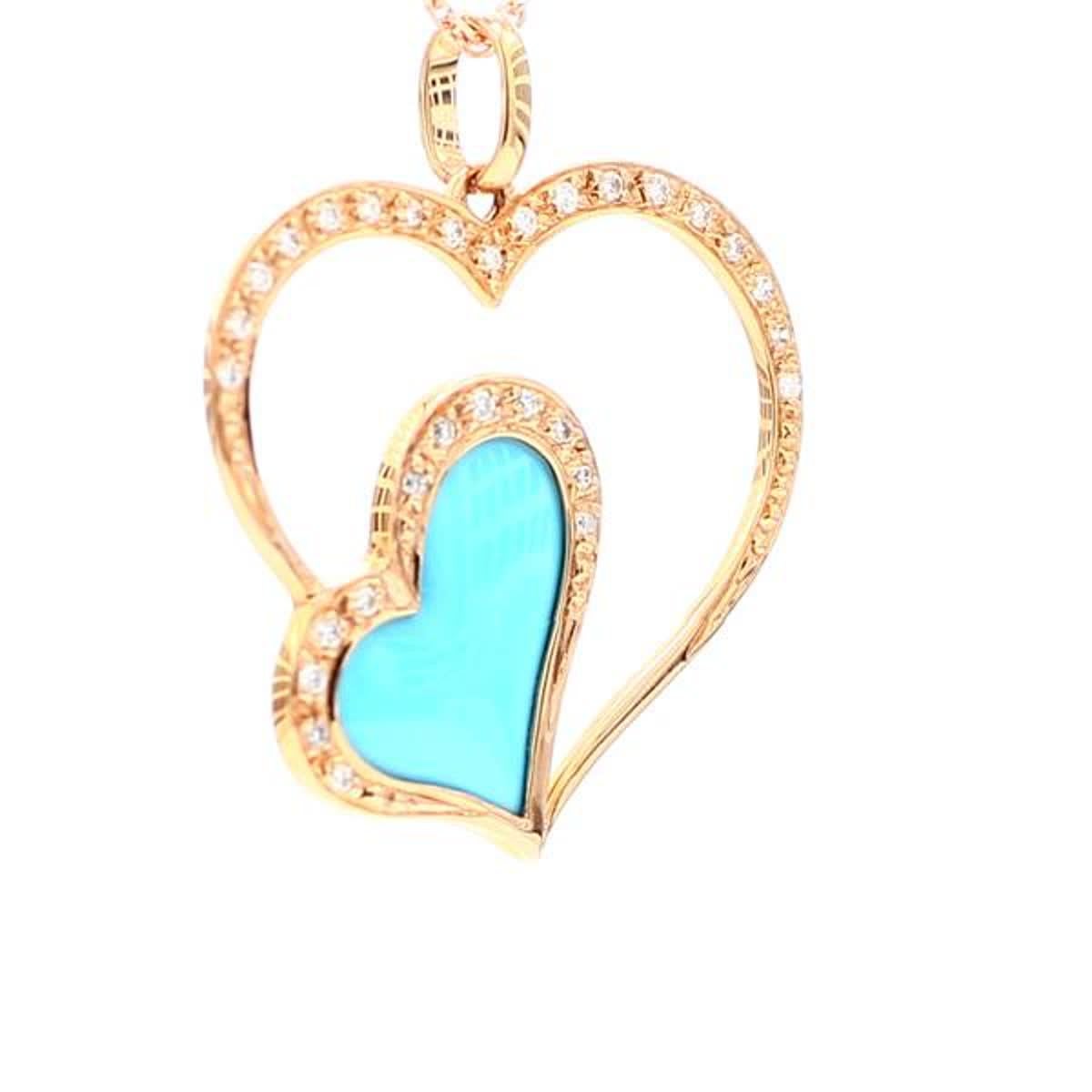 Heart Cut Natural Turquoise and White Diamond .49 Carat TW Rose Gold Reversible Pendant For Sale