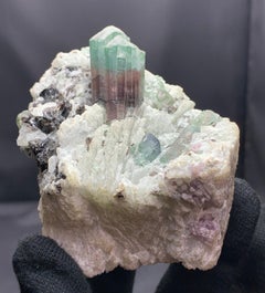 Turmalina sobre cleavelandita de las pegmatitas de Mawi, provincia de Laghman, Afganistán