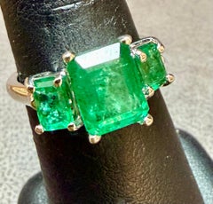 Natural 3Ct Emerald Cut Emerald Three Stone Ring , Platinum, Size 6.5, Clearence