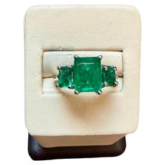 Natural 3Ct Emerald Cut Emerald Three Stone Ring , Platinum, Size 6.5, Clearence