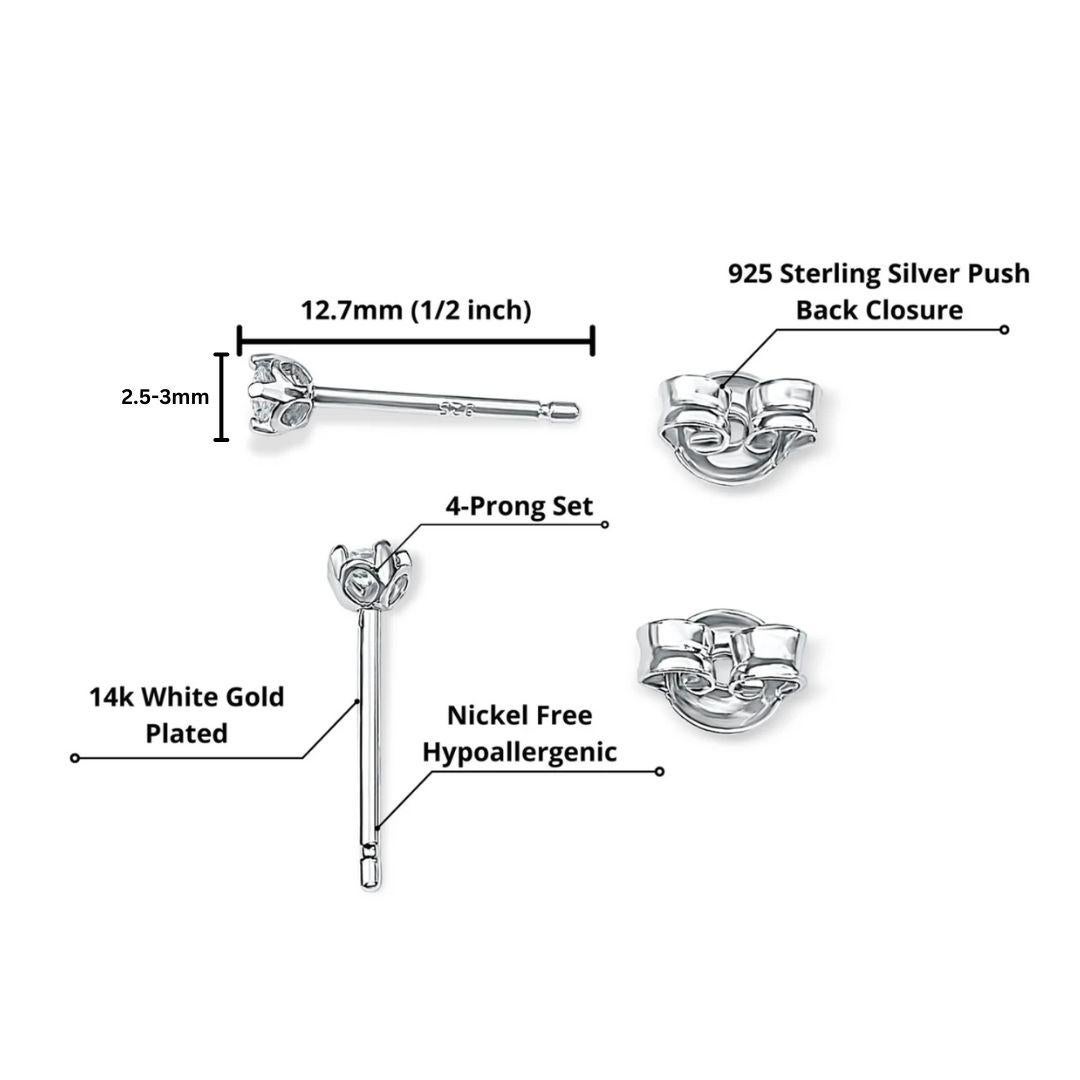 Modern Natural 3mm Black Sapphire Stud Earrings in 14k White Gold Plated Silver For Sale