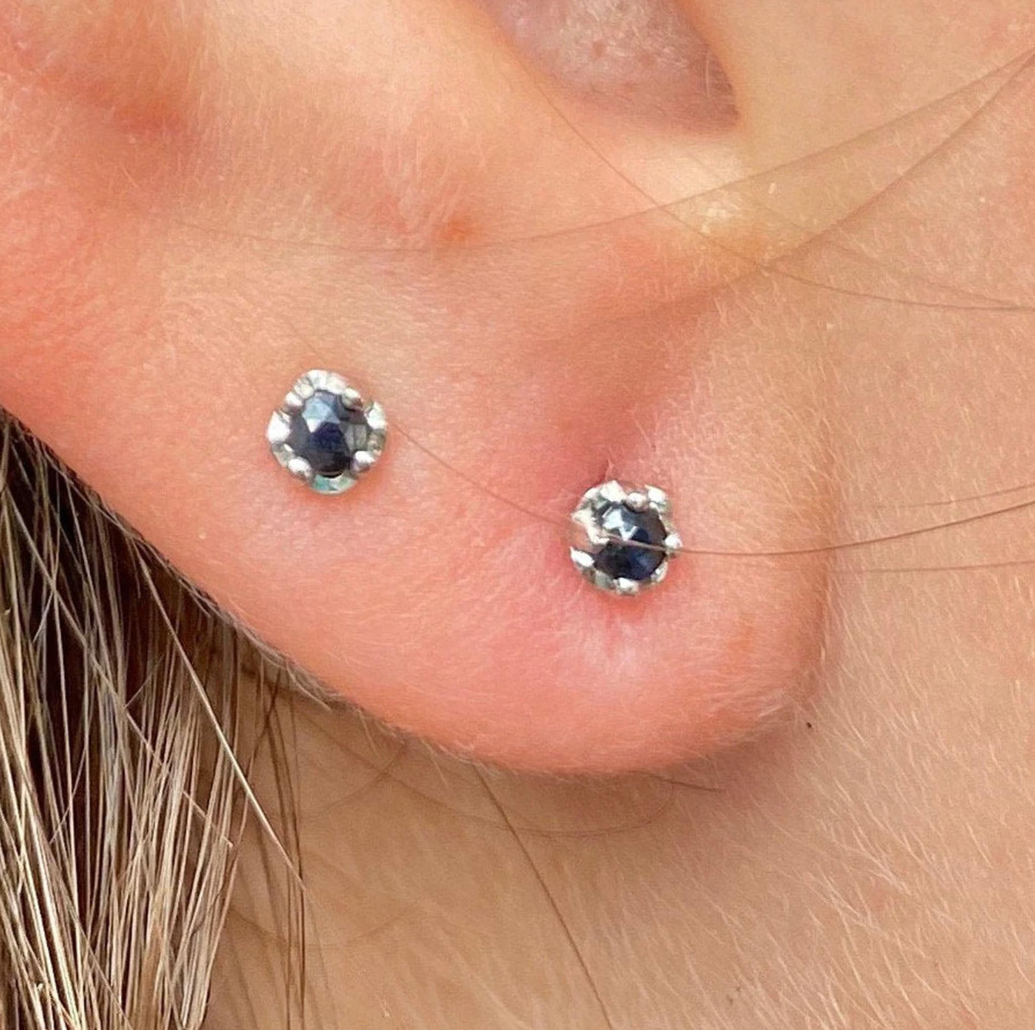 Women's Natural 3mm Black Sapphire Stud Earrings in 14k White Gold Plated Silver For Sale