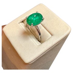 Natural 4 Carat Emerald Cabochon Ring in Platinum, Estate