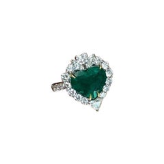 4 Carat Heart Shape Colombian Emerald on 18 Karat Diamond Ring