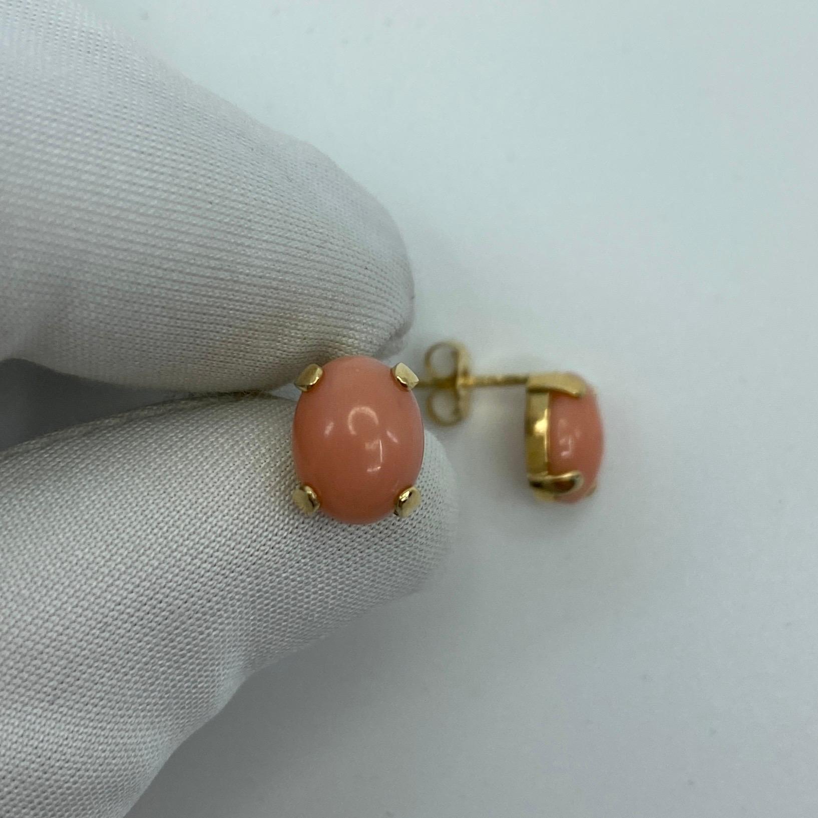 Women's or Men's Natural 4 Carat Pink Orange Coral Earring Stud & Pendant Set 14k Yellow Gold