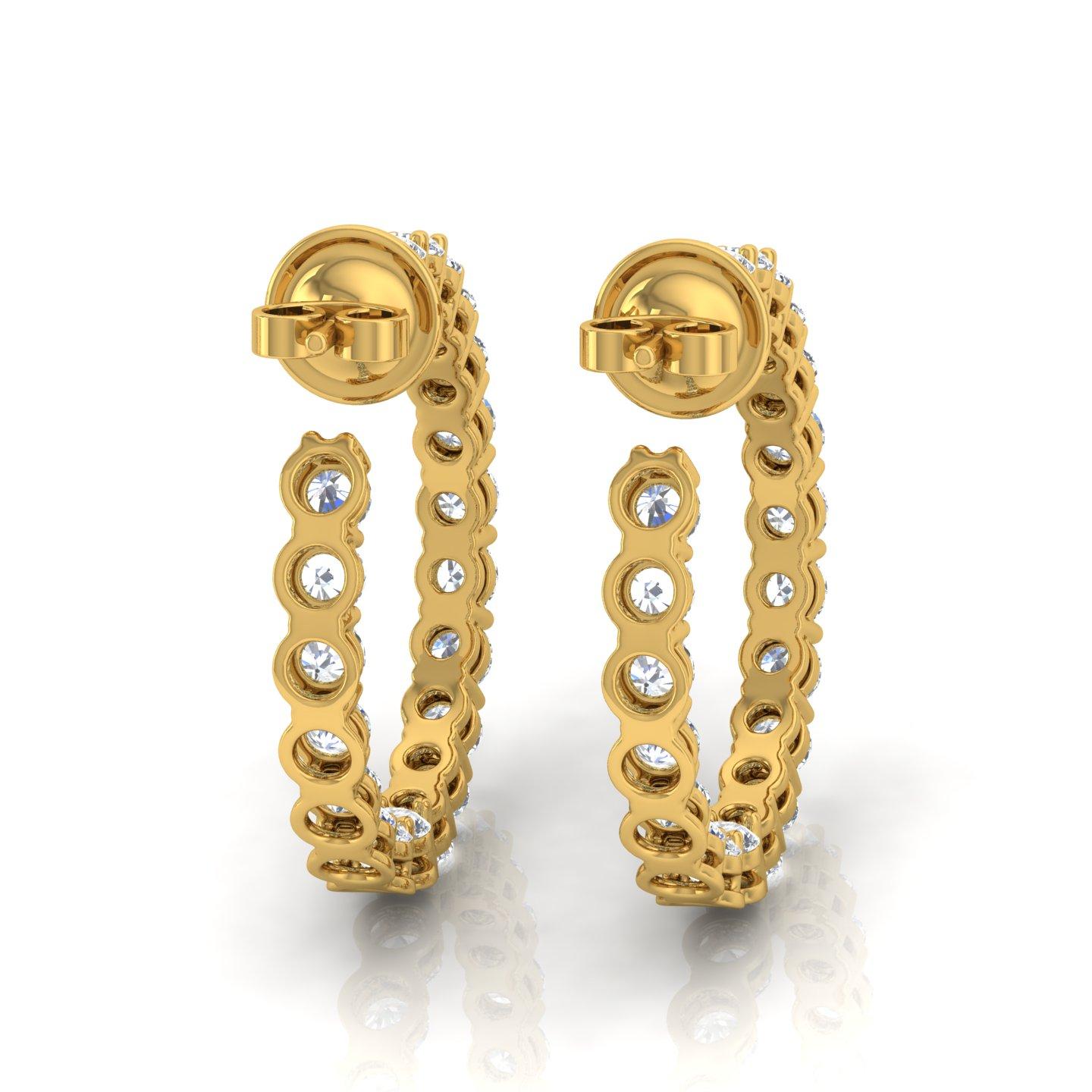 Round Cut Natural 4 Carat SI Clarity HI Color Diamond Hoop Earrings 18 Karat Yellow Gold For Sale