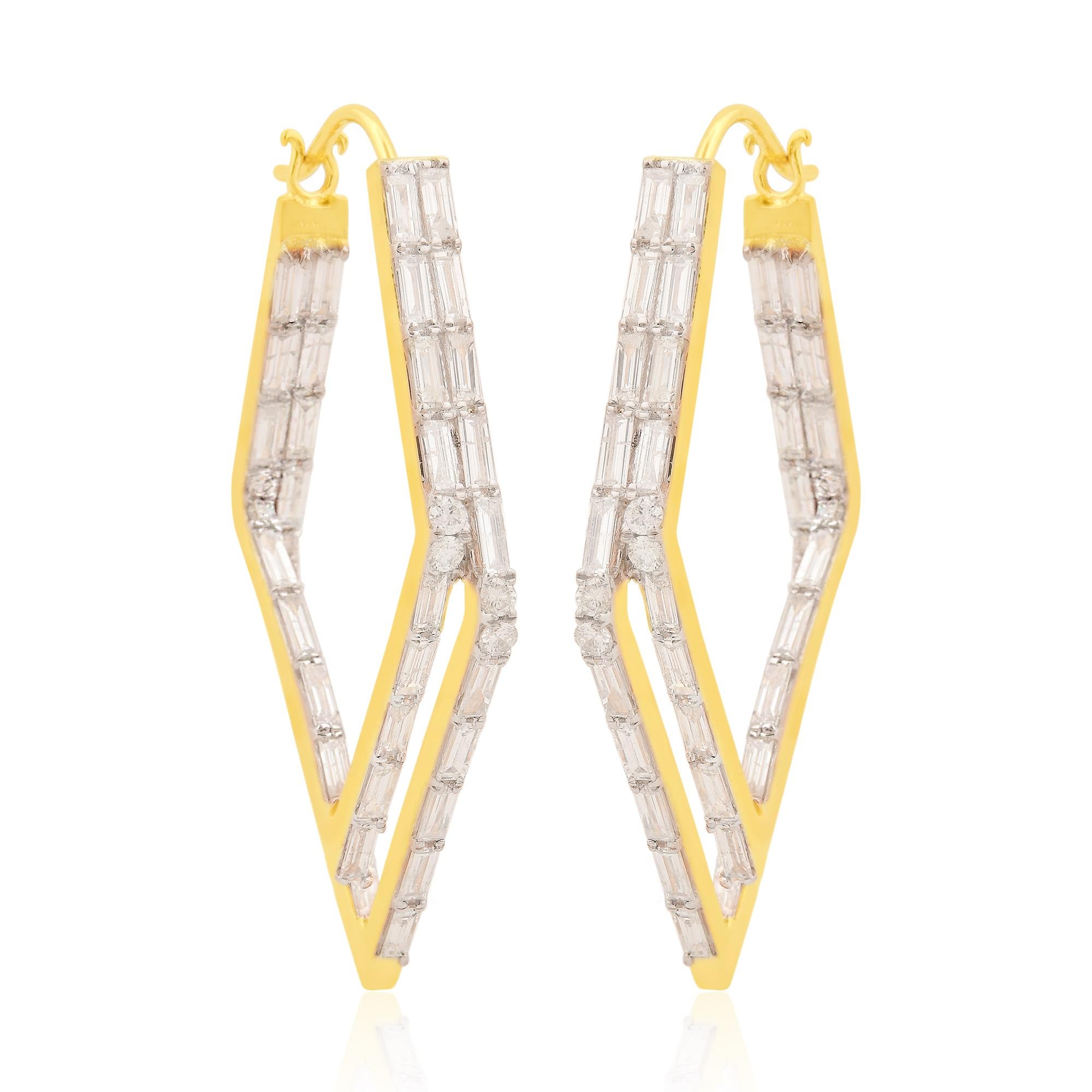 Taglio baguette Orecchini a cerchio quadrati con diamanti naturali da 4 carati SI/H Gioielli in oro giallo 14 carati in vendita