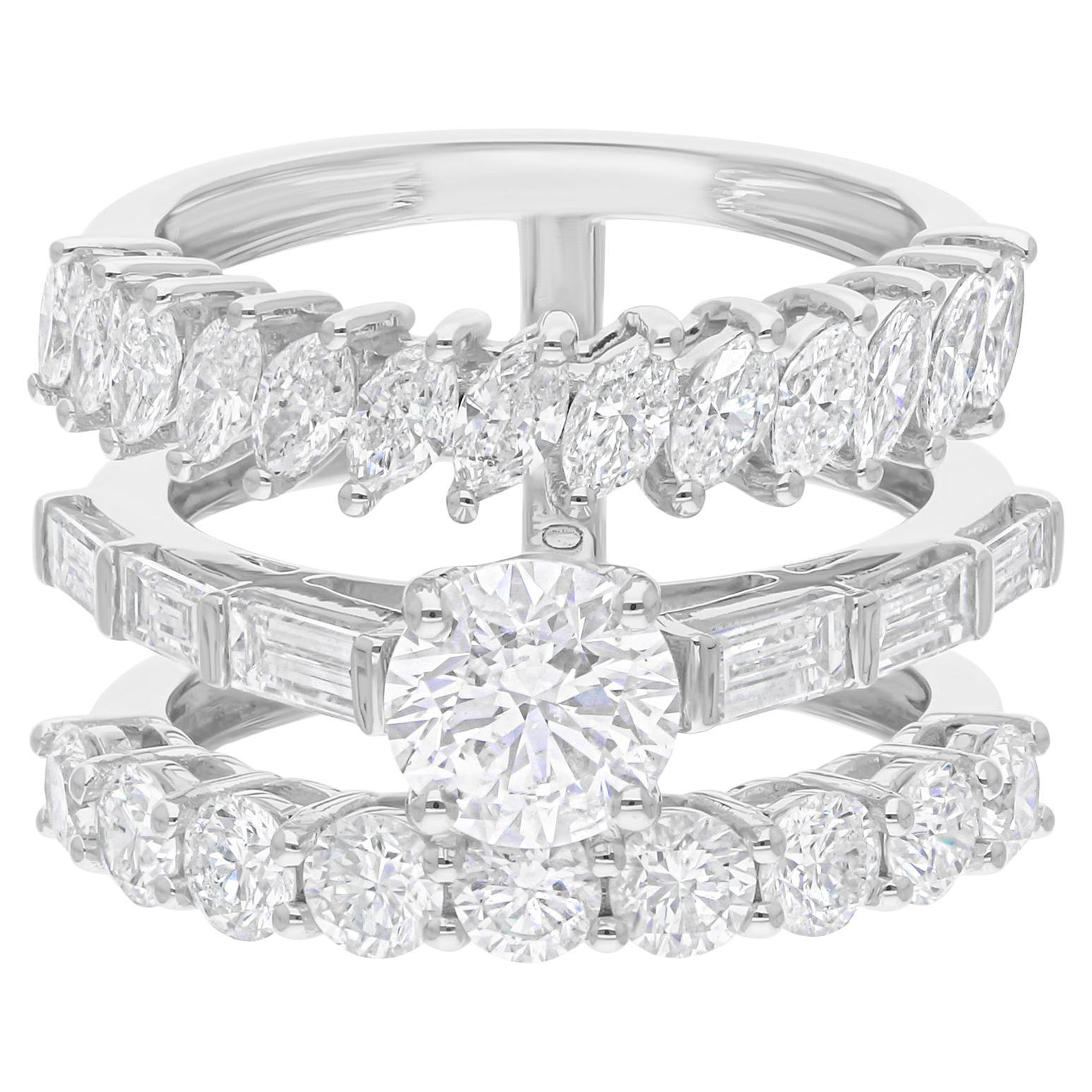 Nature 4.03 Carat SI/H Diamond Three Band Fine Ring 14 Karat White Gold Jewelry en vente