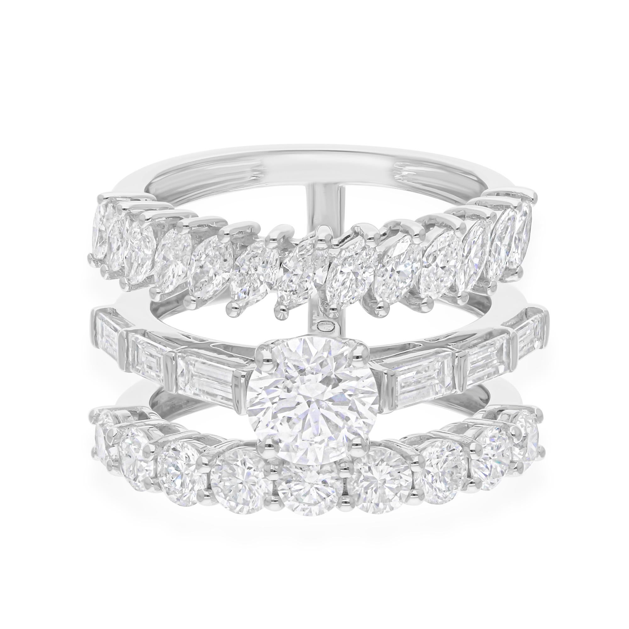 Anello a tre fasce con diamante naturale da 4,03 carati SI/H Gioielli in oro bianco 14 carati