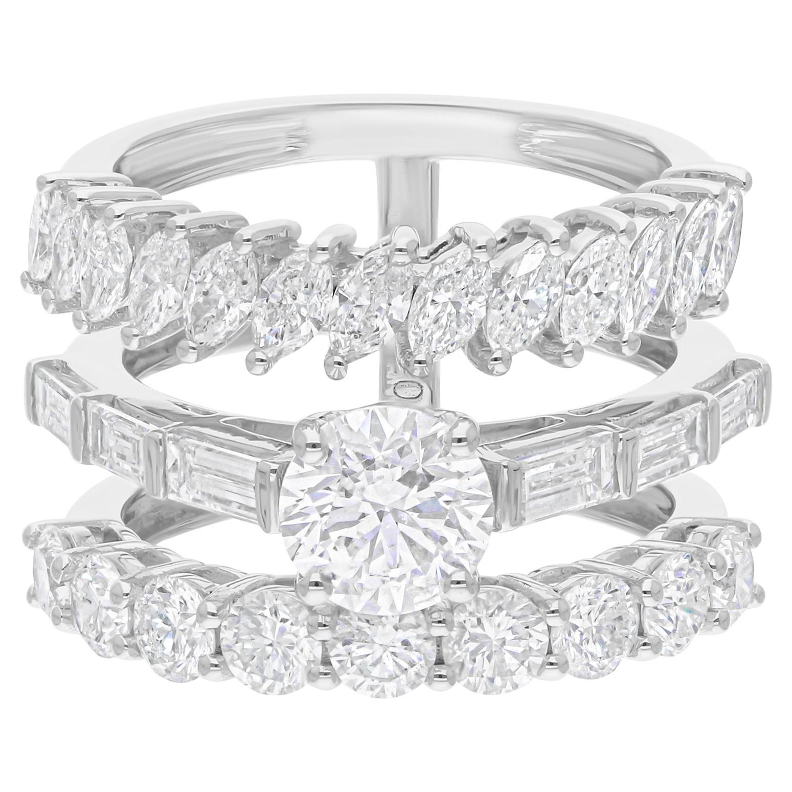 Anello a tre fasce con diamante naturale da 4,03 carati SI/H Gioielli in oro bianco 18 carati in vendita