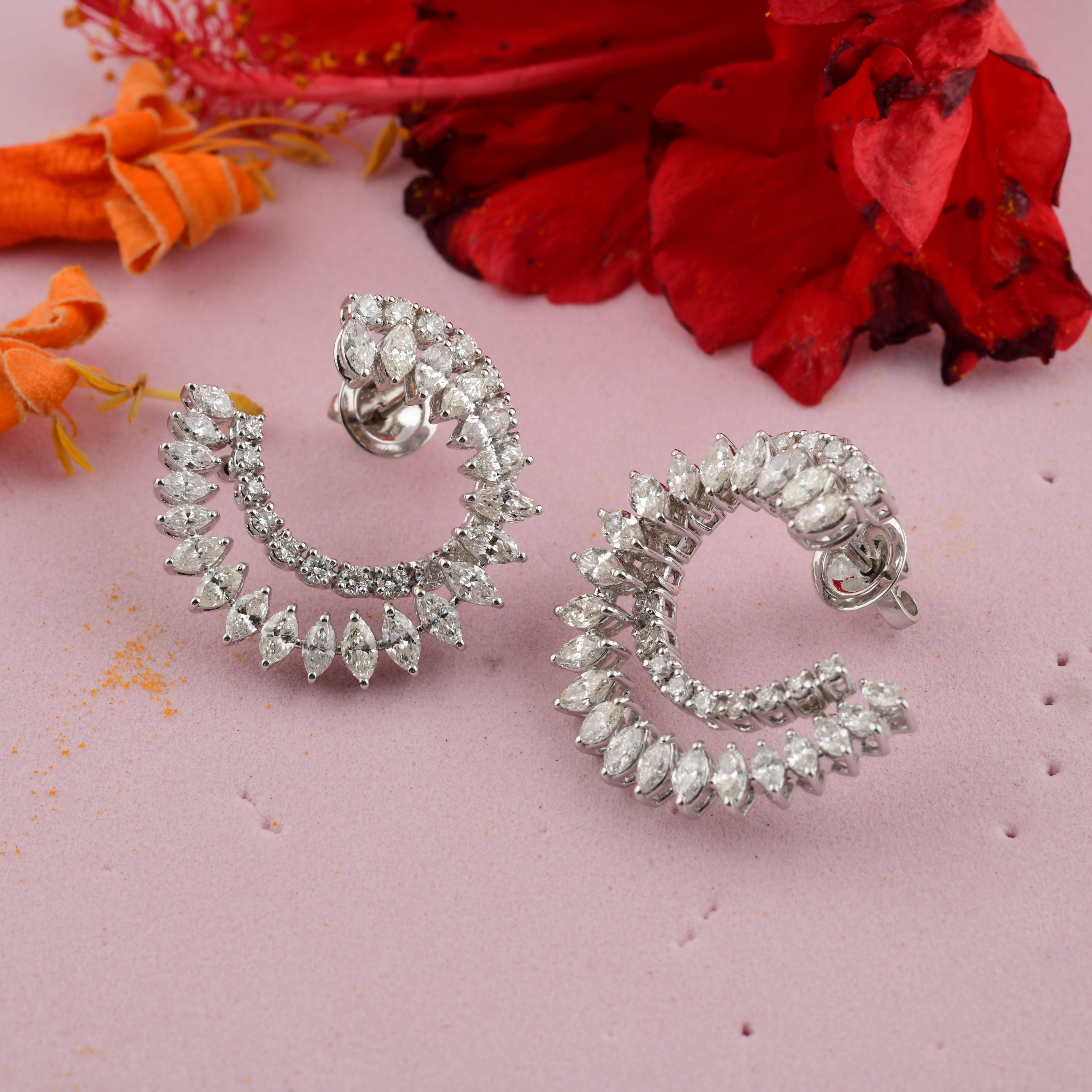 Mixed Cut Natural 4.07 Carat Diamond Open Circle Statement Earrings 18k White Gold For Sale