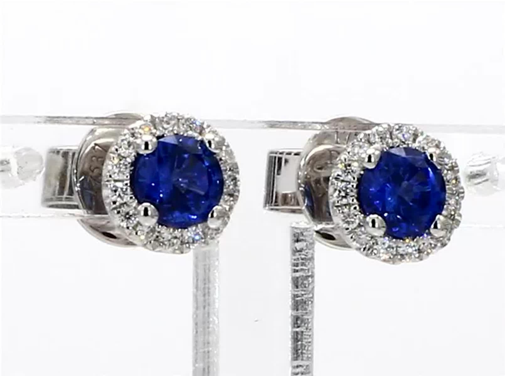 Natural Blue Round Sapphire and White Diamond .96 Carat TW Gold Stud Earrings For Sale 1